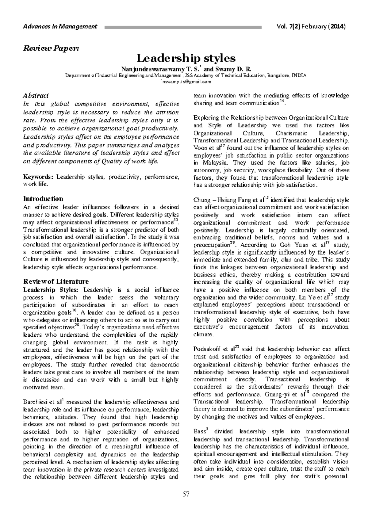 Leadership styles - Advances In Management Vol. 7(2) February ( 2014 ...
