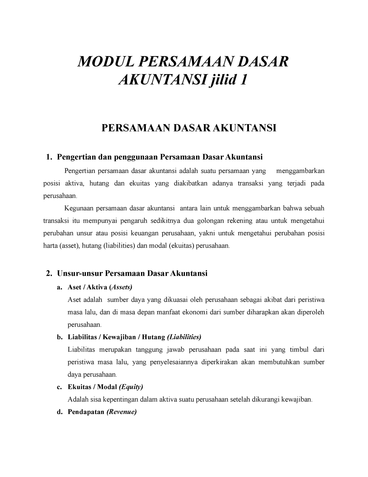 Modul 1 Akuntansi Dasar - MODUL PERSAMAAN DASAR AKUNTANSI Jilid 1 ...