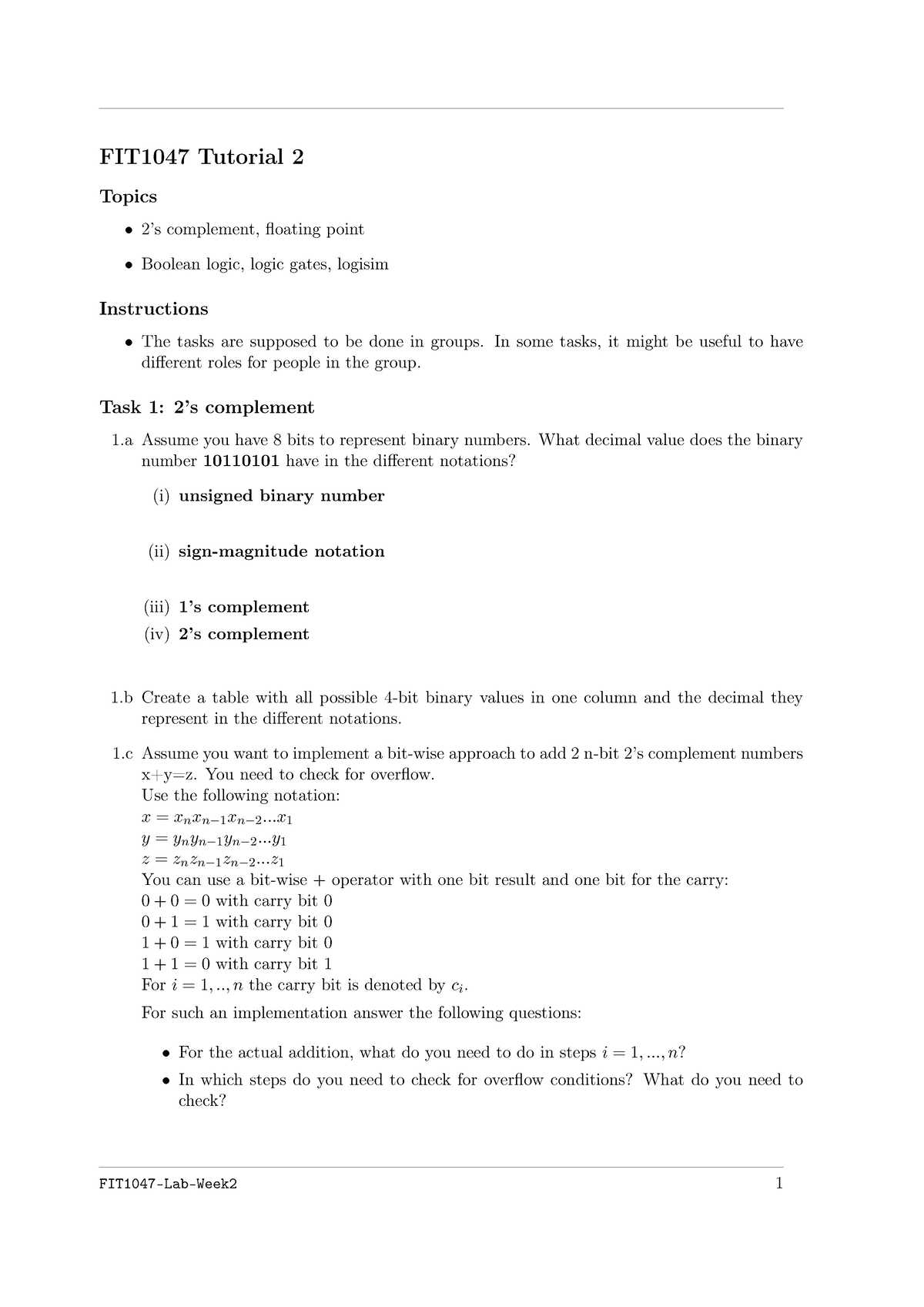 FIT1047-Lab-Week2 - ?notes - FIT1047 Tutorial 2 Topics • 2’s complement ...