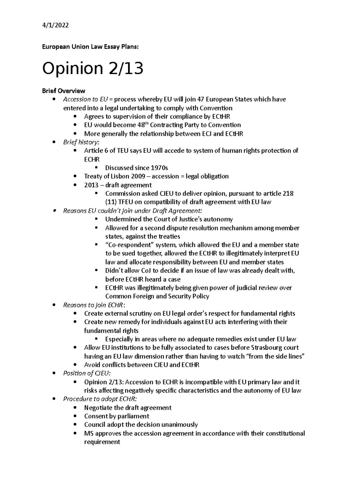 Opinion 213 Essay Plan European Union Law Essay Plans Opinion 2