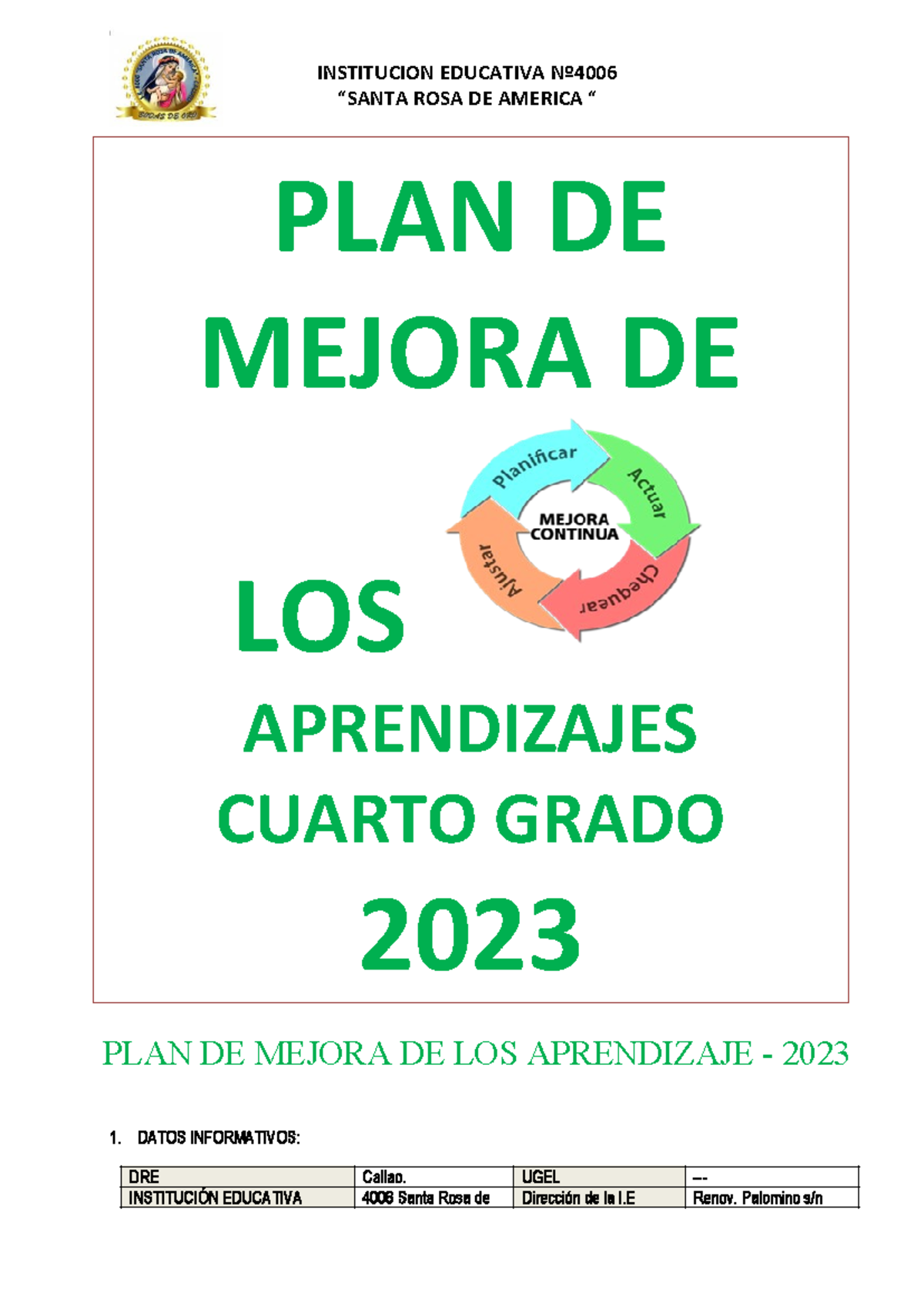 Plan de mejora de los 2023 aprendizajes cuarto grado - “SANTA ROSA DE ...
