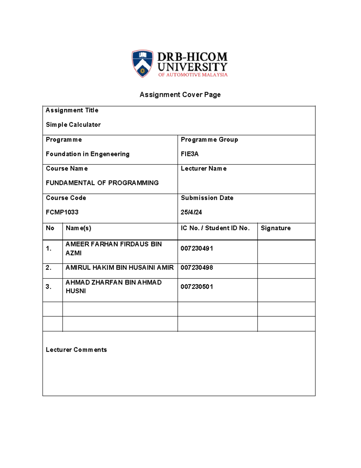 Assignment Cover Page - Assignment Cover Page Assignment Title Simple ...