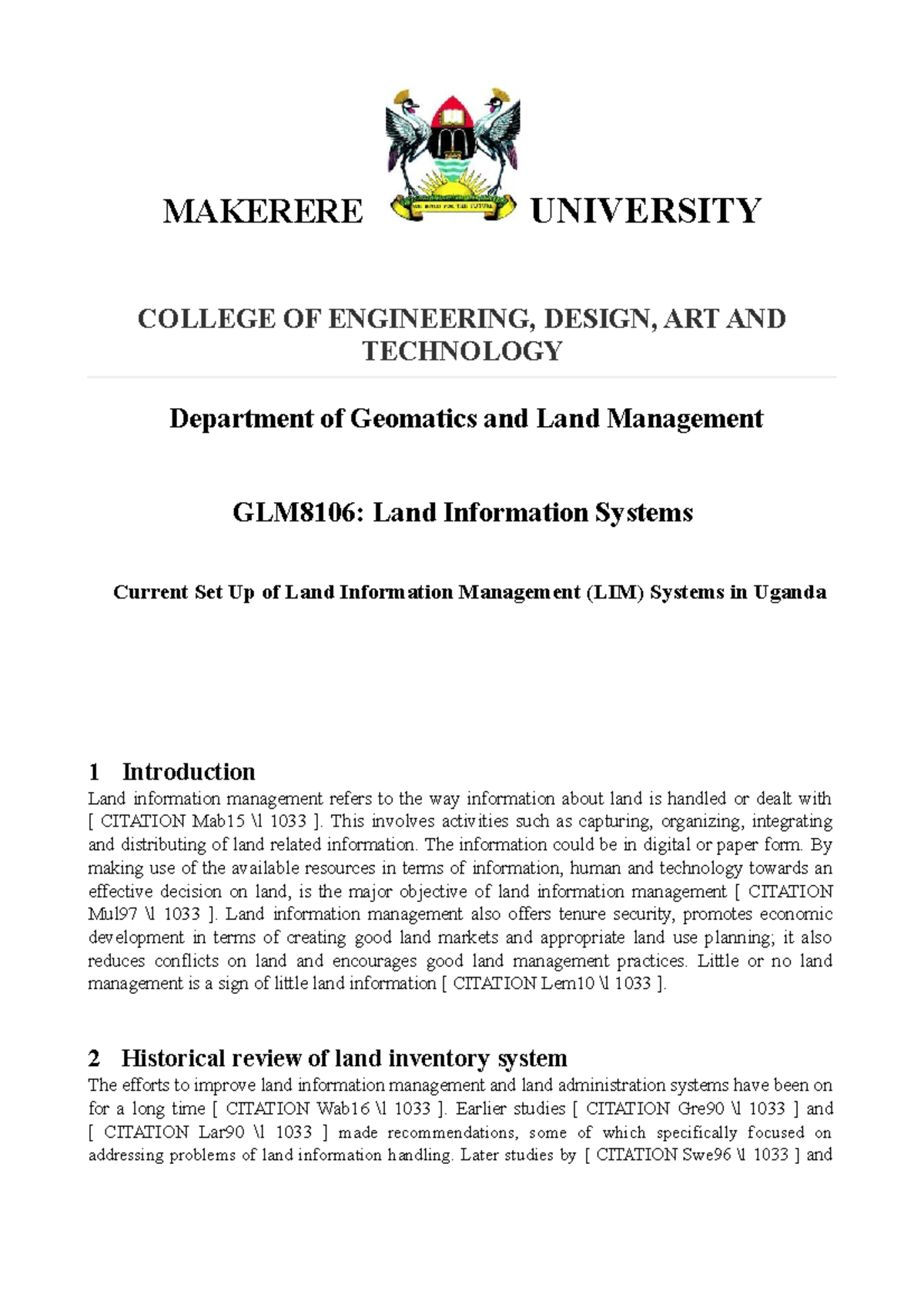 Current Set Up of Land Information Management (LIM) Systems in Uganda