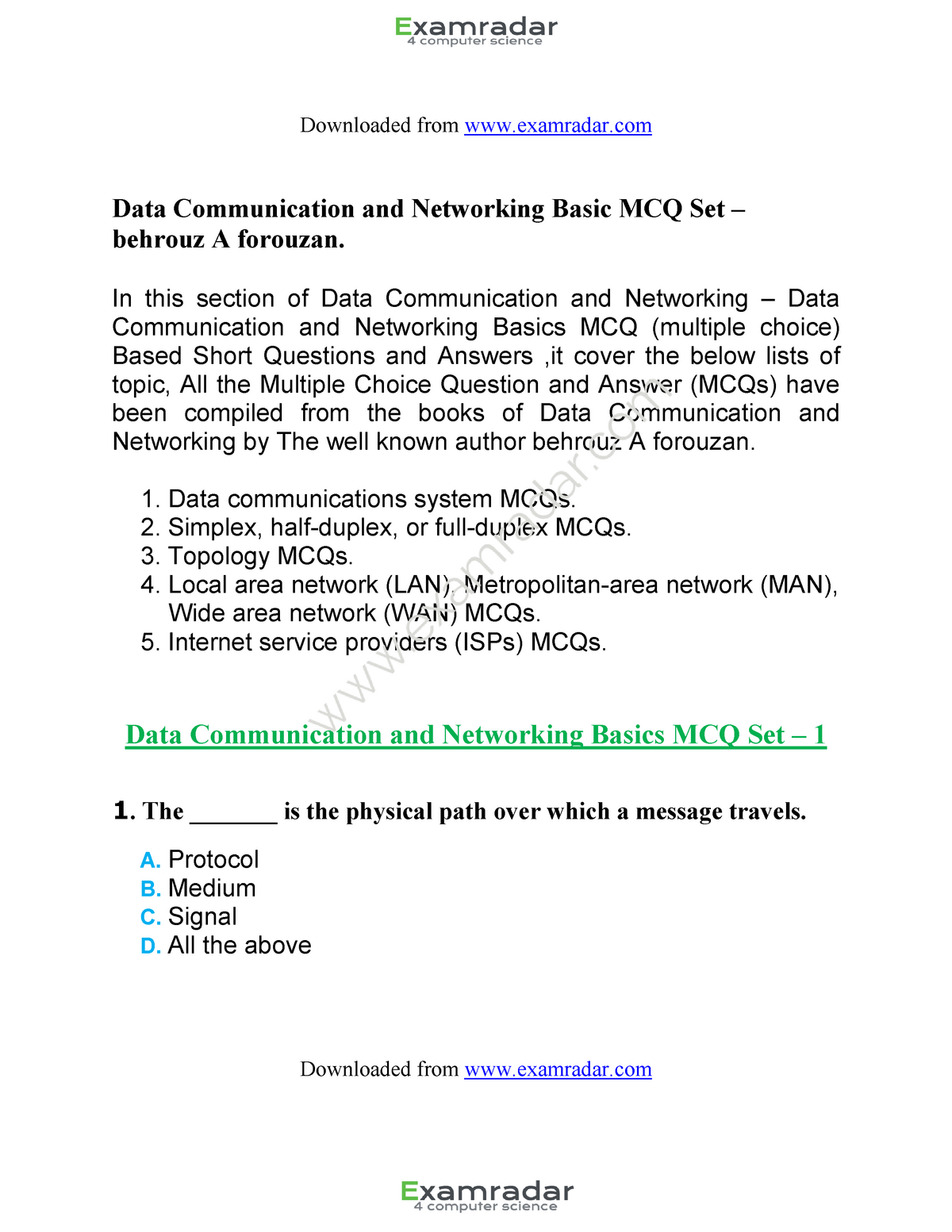 CH 1 Data Communication Networking Basic Mcq Set Behrouz Forouz - Data ...