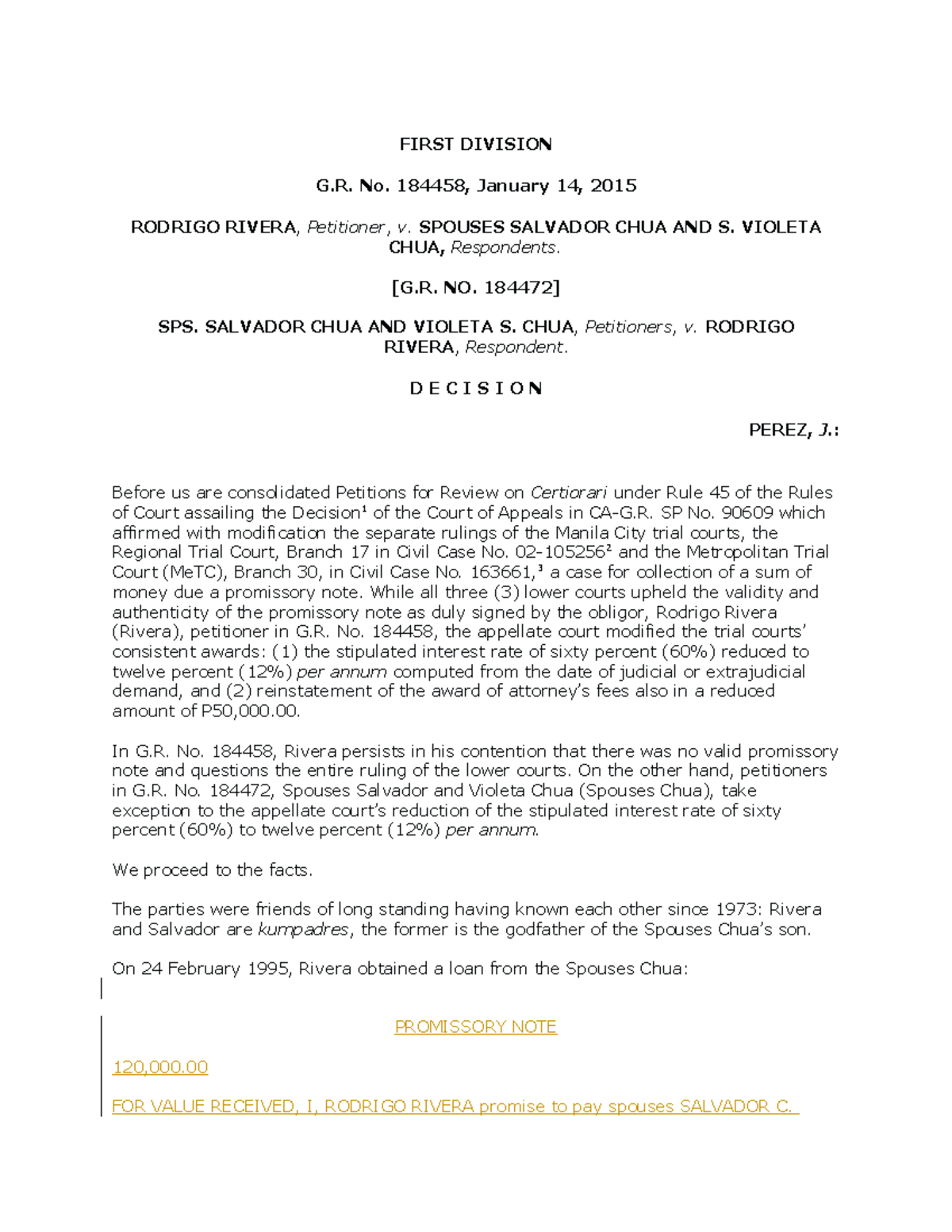 Rivera V. Chua, GR No. 184458, January 14, 2015 - FIRST DIVISION G. No ...