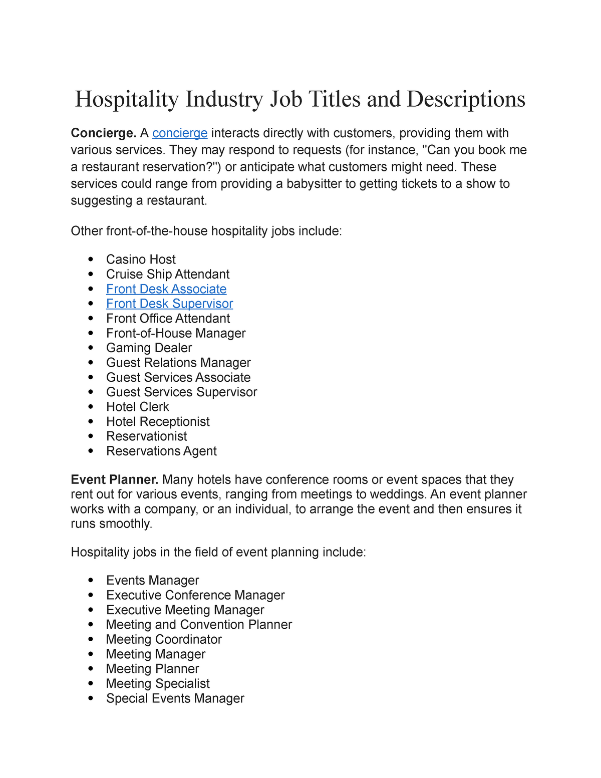 Hospitality Industry Job Titles And Descriptions Engg101 Studocu