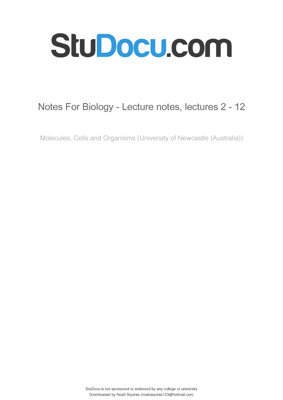 BIOL1001 Revision - Summary Molecules, Cells And Organisms - Notes For ...