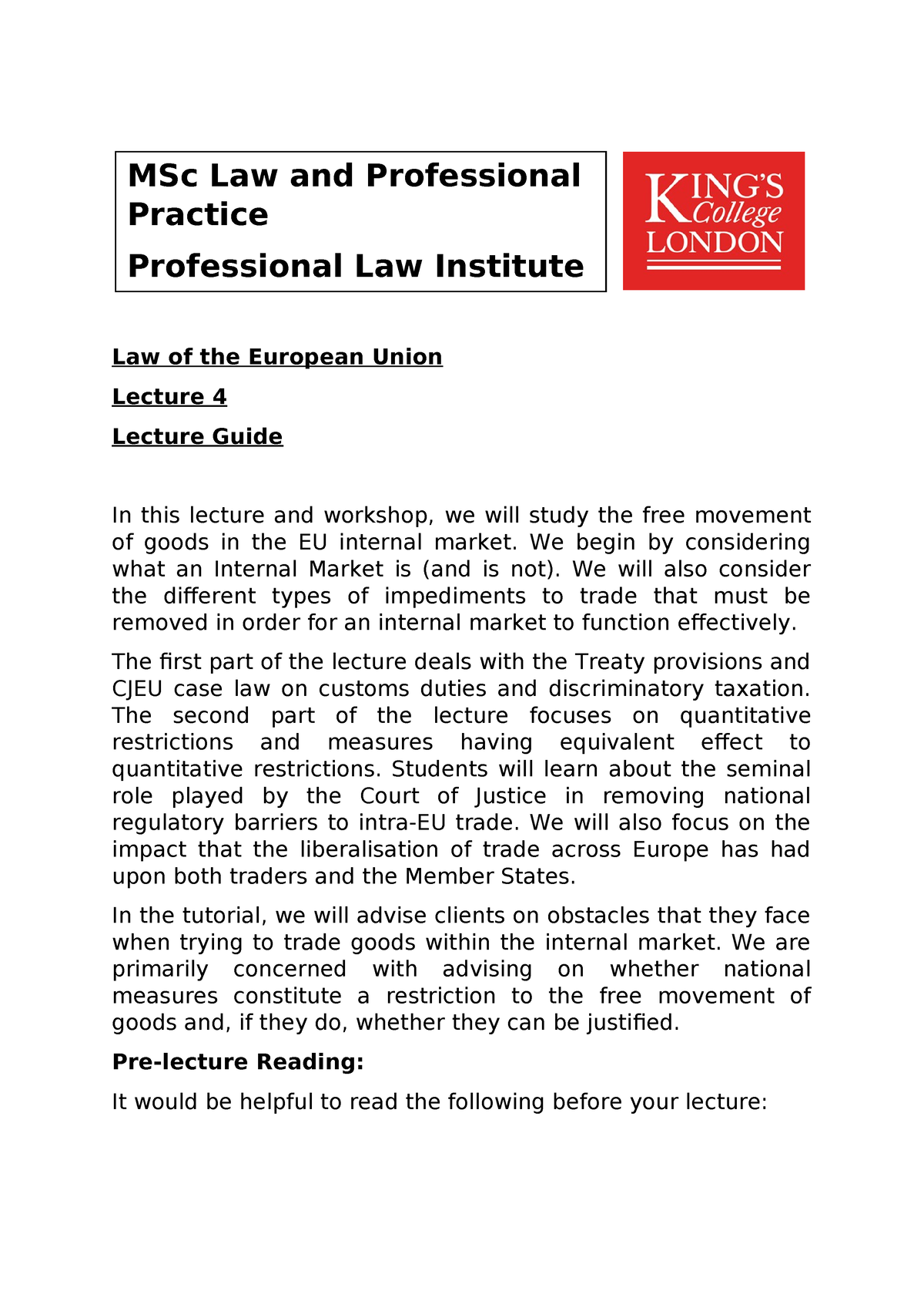 Lecture 4 Guide - Law Of The European Union Lecture 4 Lecture Guide In ...