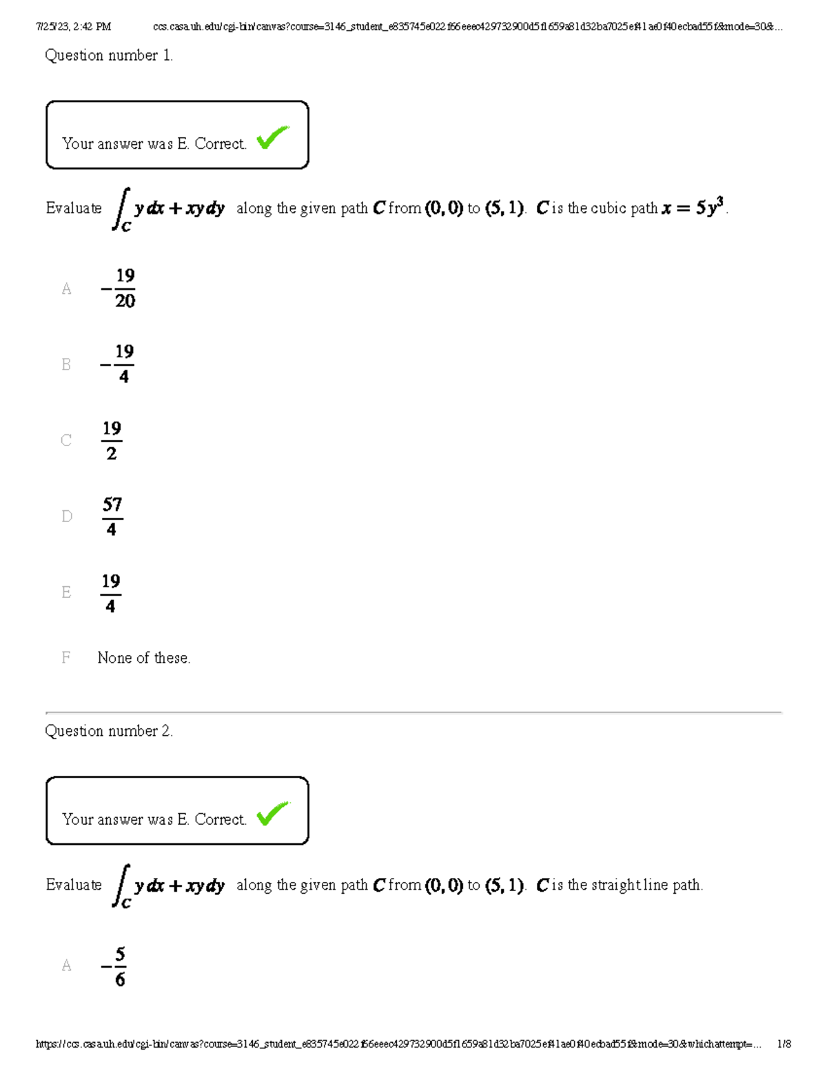 Math 2415 quiz 19 section 16 3 question number 1 your answer was e