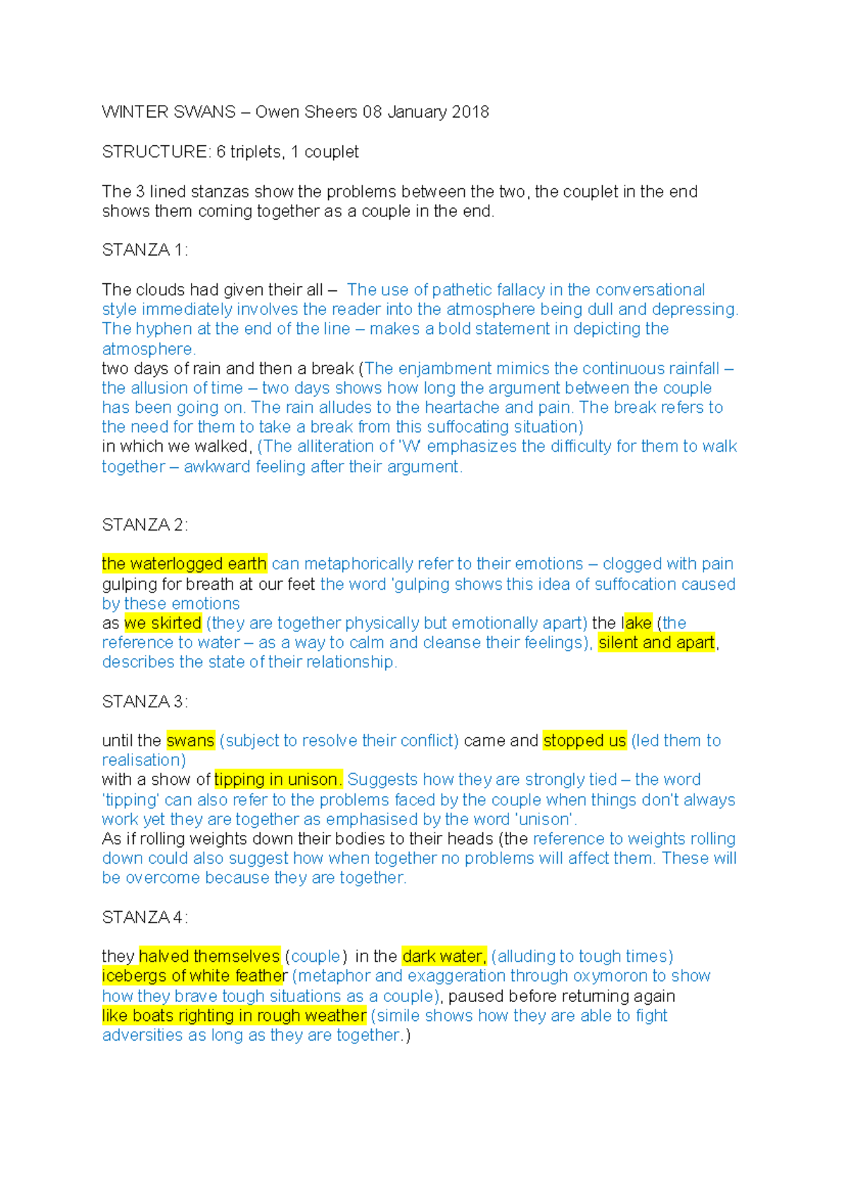 Winter Swans class notes - WINTER SWANS – Owen Sheers 08 January 2018 ...