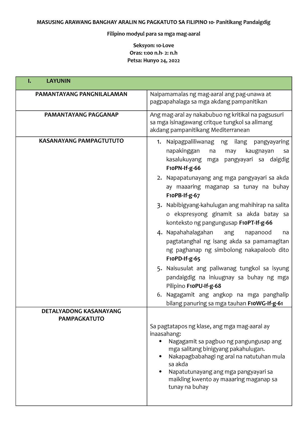 Demo Teaching Lesson Plan Masusing Arawang Banghay Aralin Ng