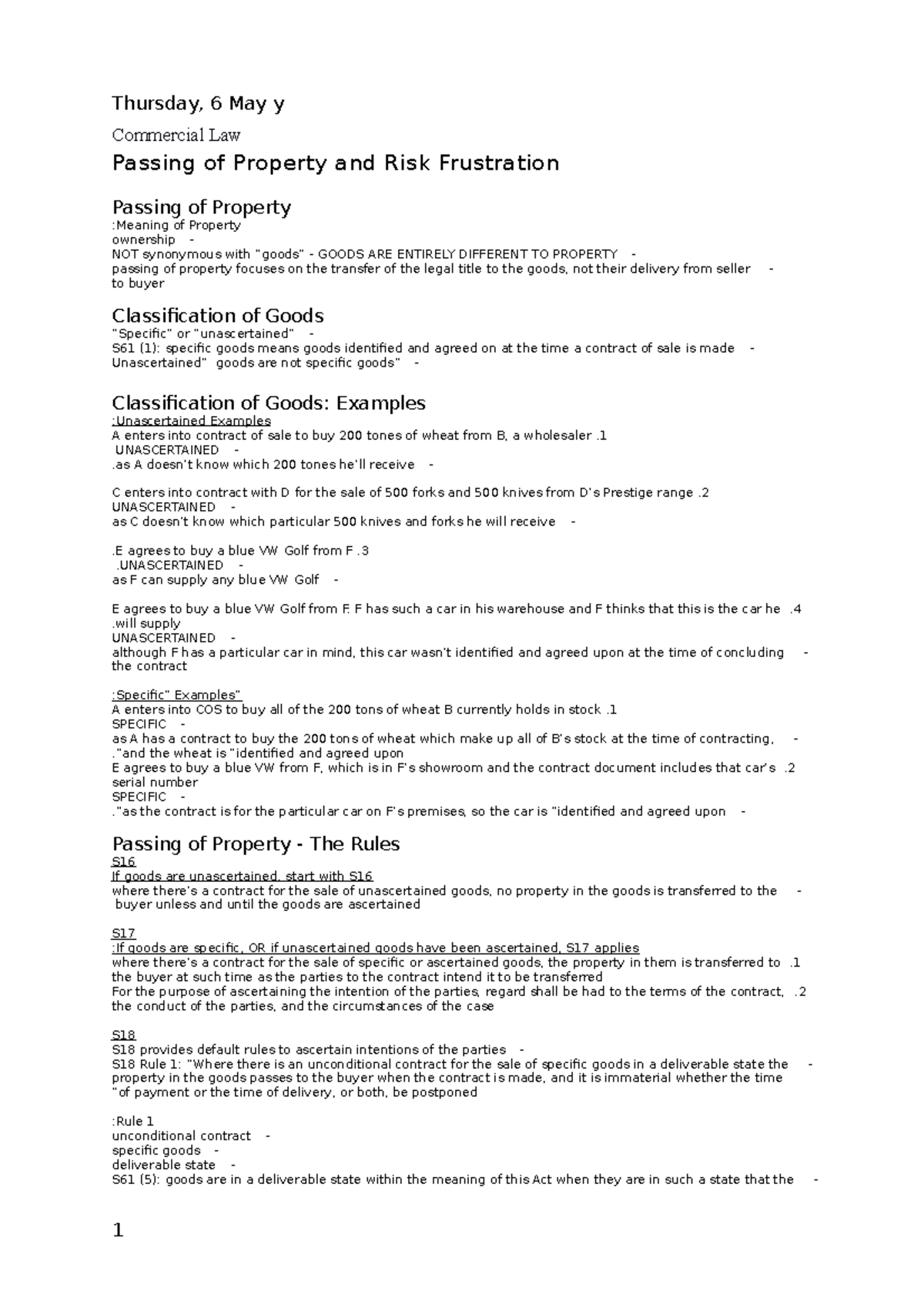 Commercial Law 8 March - Lecture notes 6-22 - Commercial Law Passing of ...