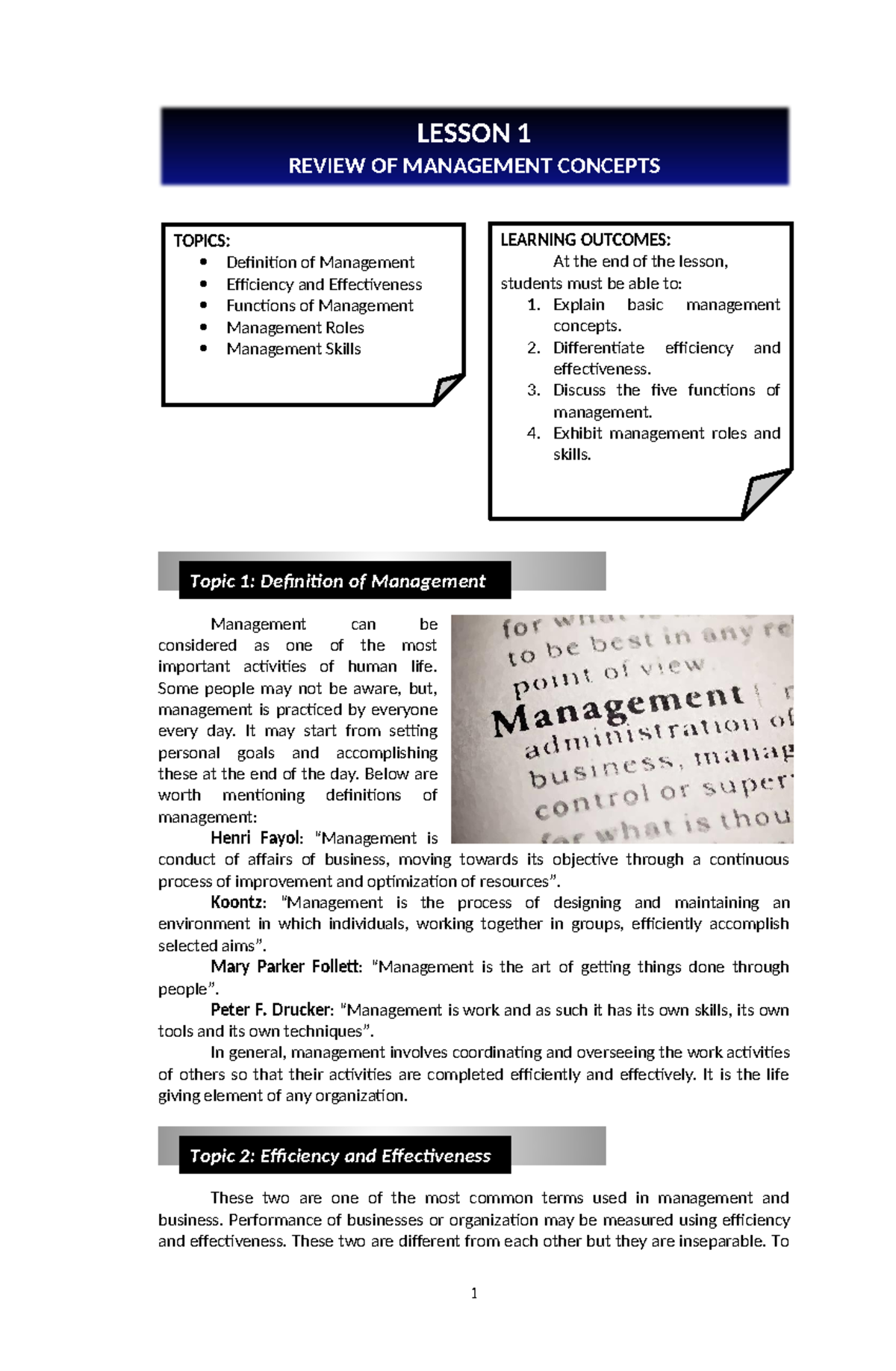 LESSON 1 REVIEW OF MANAGEMENT CONCEPTS - Management can be considered ...