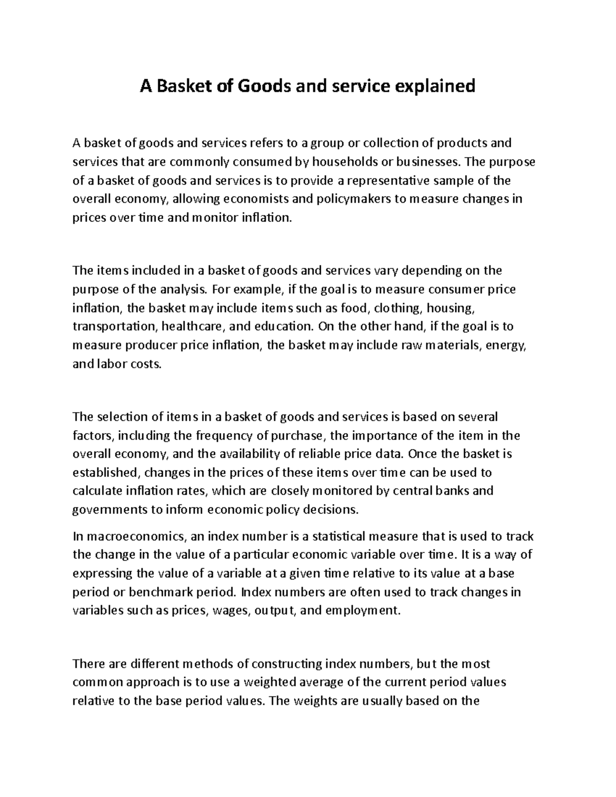 A Basket of Goods and service explained The purpose of a basket of