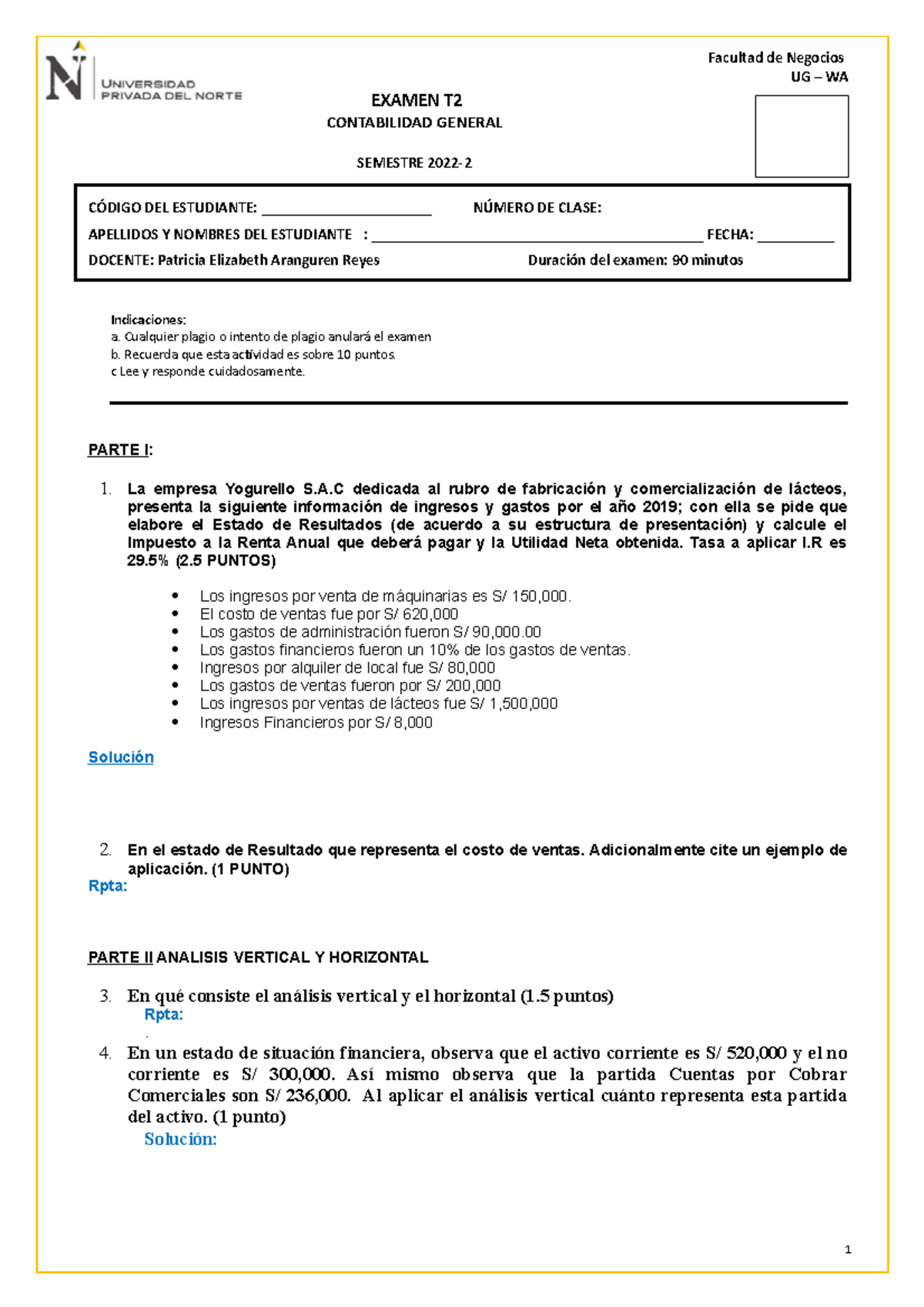 Evaluacion T2 Parte 1 - T2 - Facultad de Negocios UG – WA EXAMEN T ...