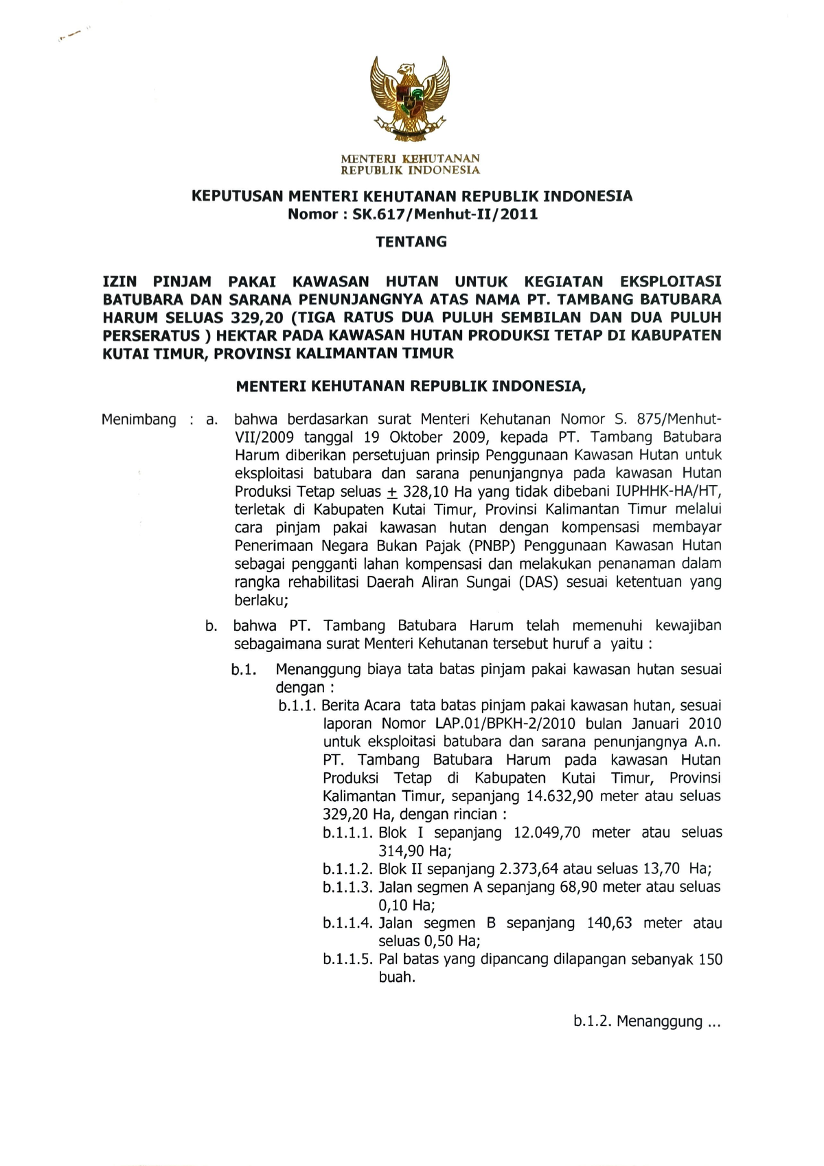 Keputusan Menteri Kehutanan RI No SK.617 Menhut-II 2011 Ippkh 329,20 Ha ...