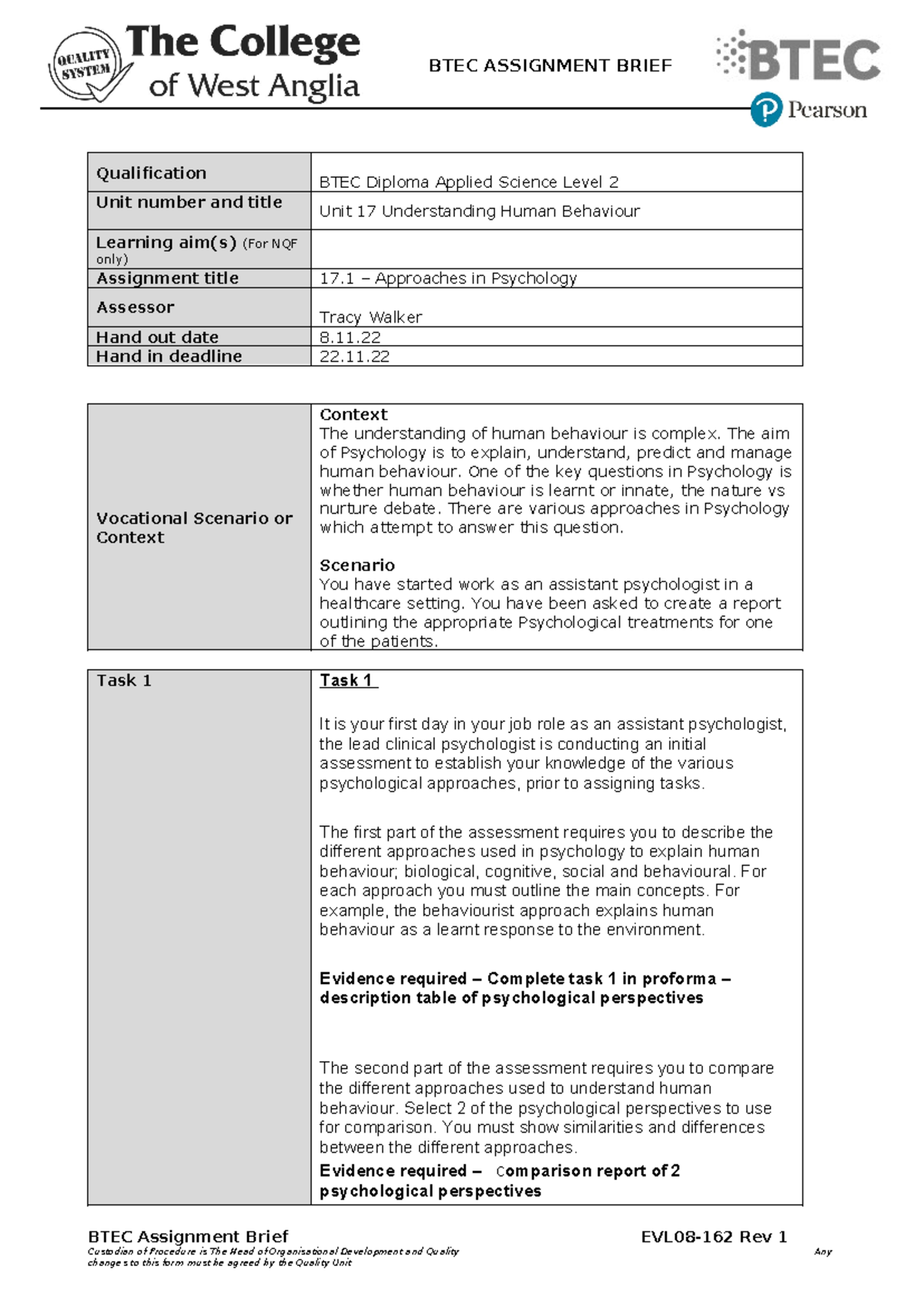 Unit 17 Understanding Human Behaviour assignment 1 2022 - BTEC ...