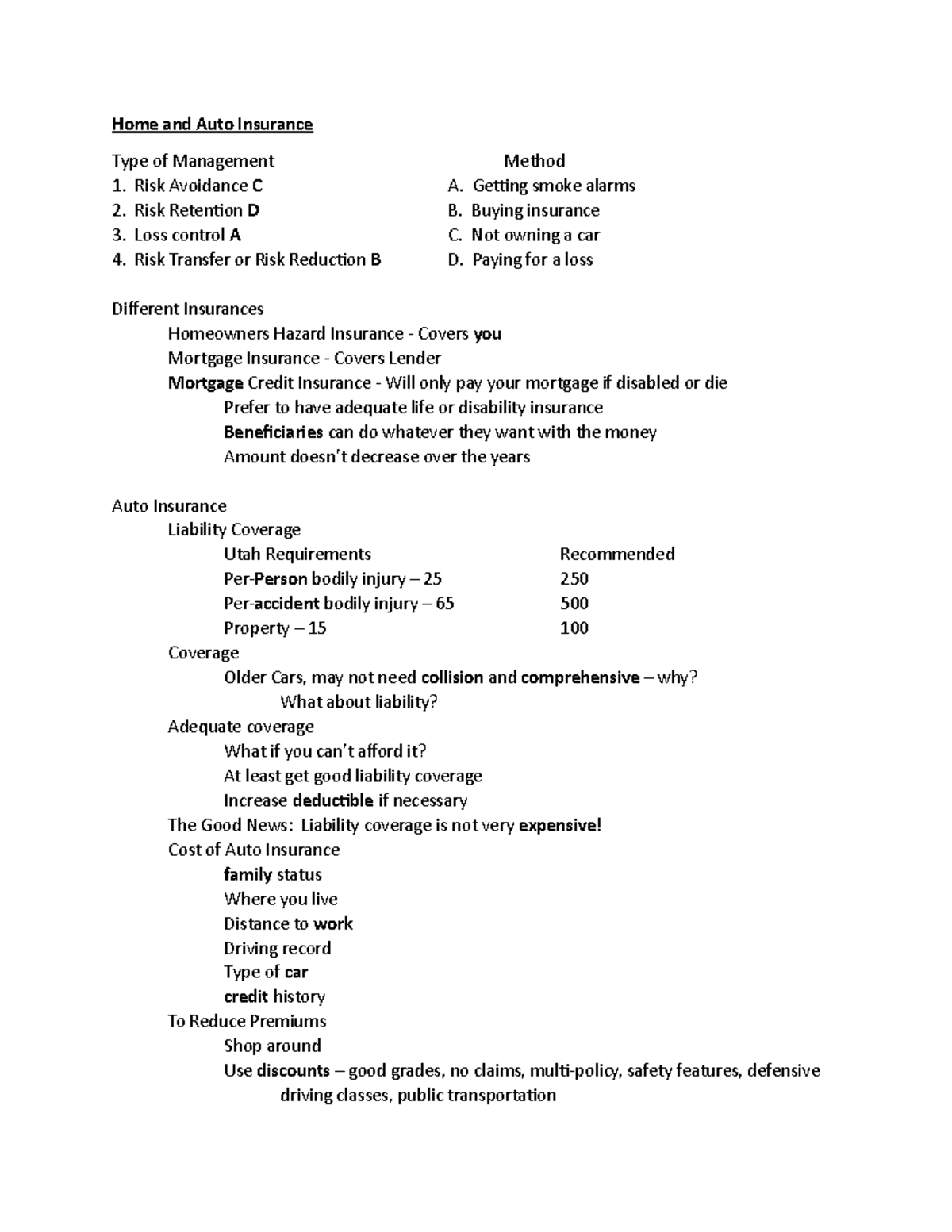 10 Home and Auto-1 - Lecture notes 10 - Home and Auto Insurance Type of ...