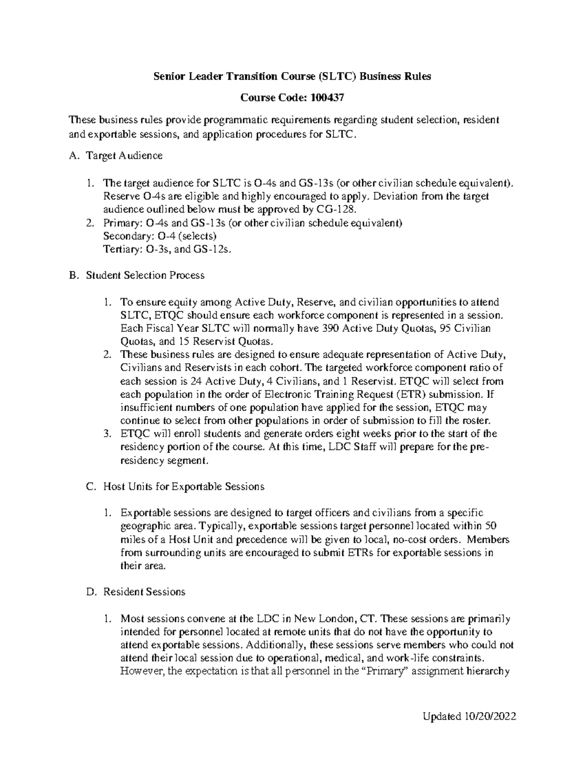 SLTC Business Rules FY23 - Updated 10/20/ Senior Leader Transition ...
