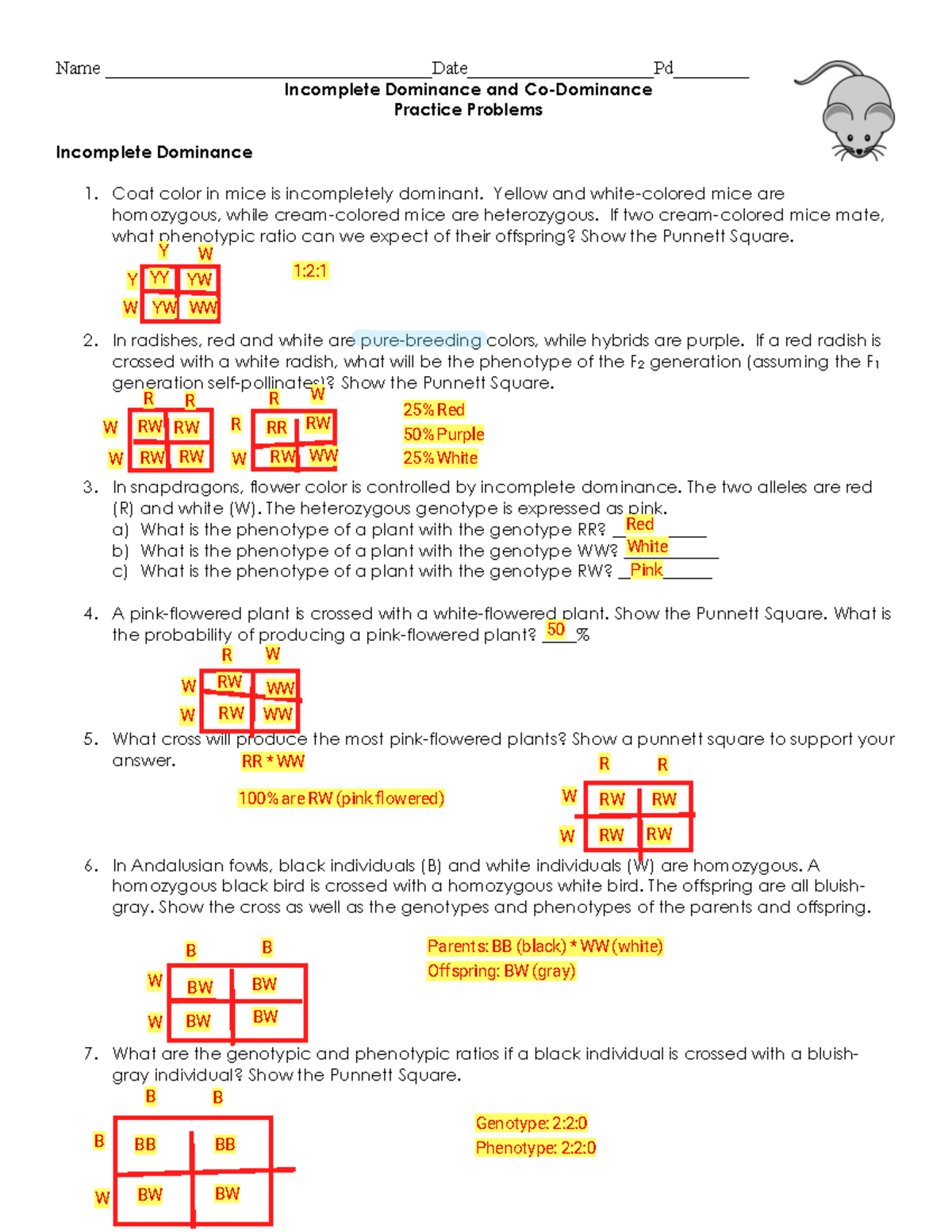 Biology 1 Incomplete And Codominance Practice Problems Name Studocu