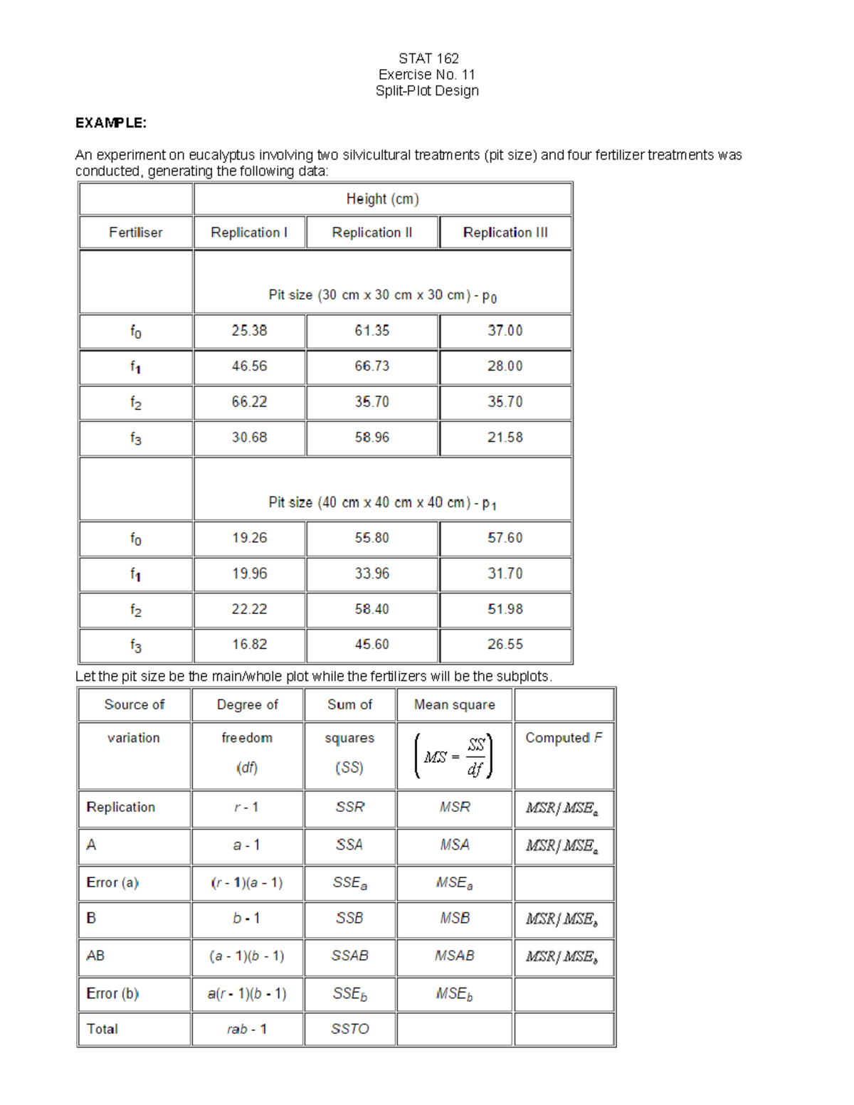 Practical Split-Plot Design - STAT 162 Exercise No. 11 Design EXAMPLE ...