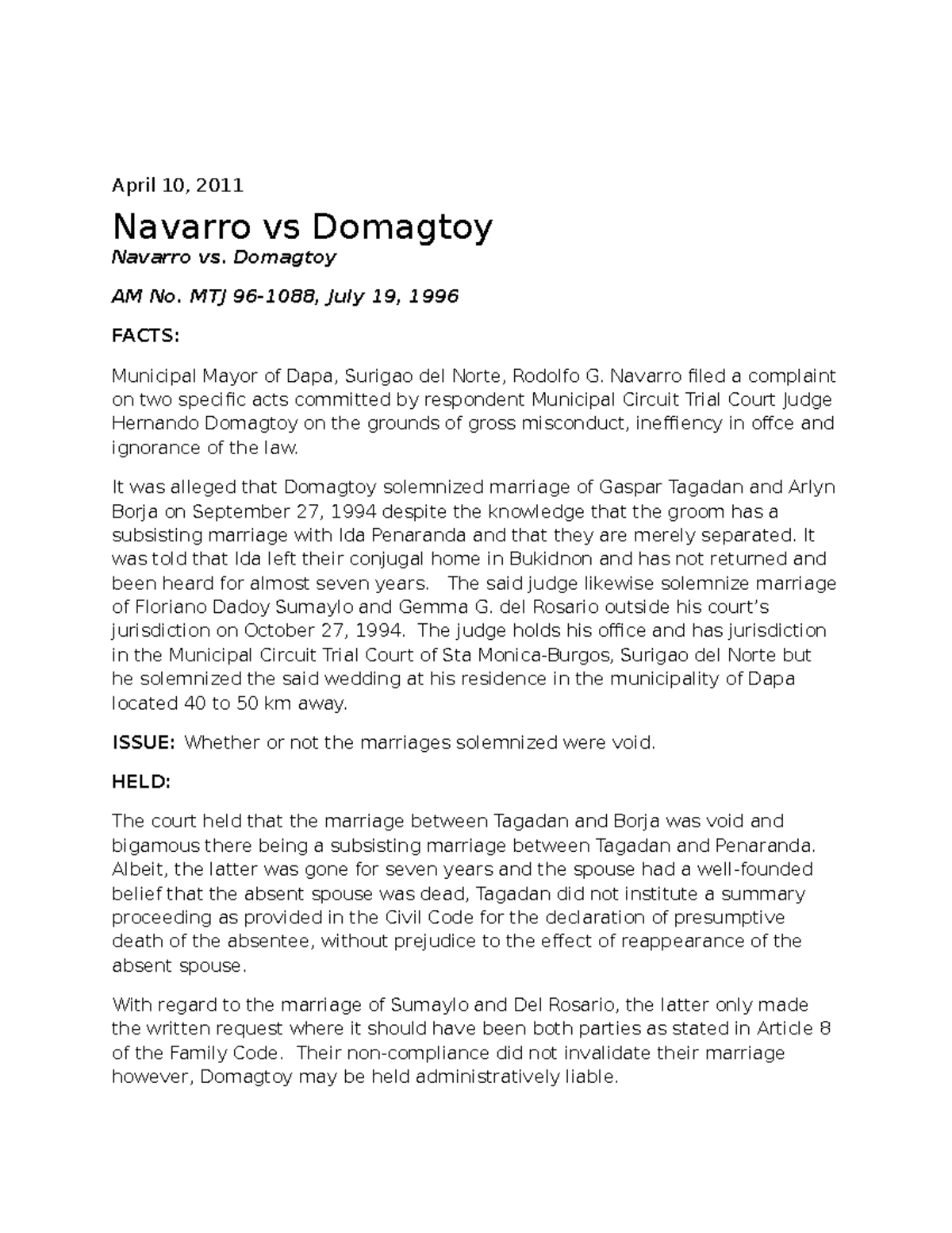 Digests et al Case digest April 10, 2011 Navarro vs Domagtoy