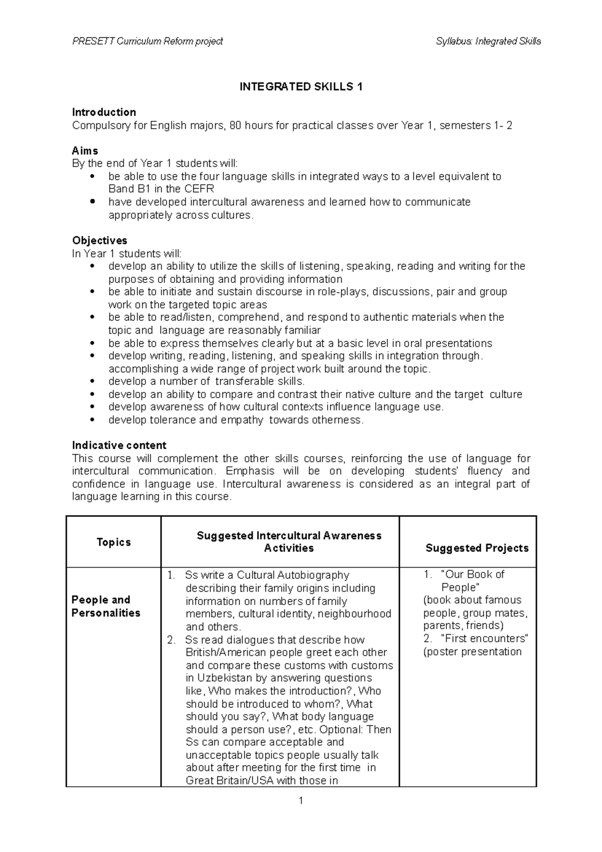 Integrated skills 1 sample syllabus INTEGRATED SKILLS 1