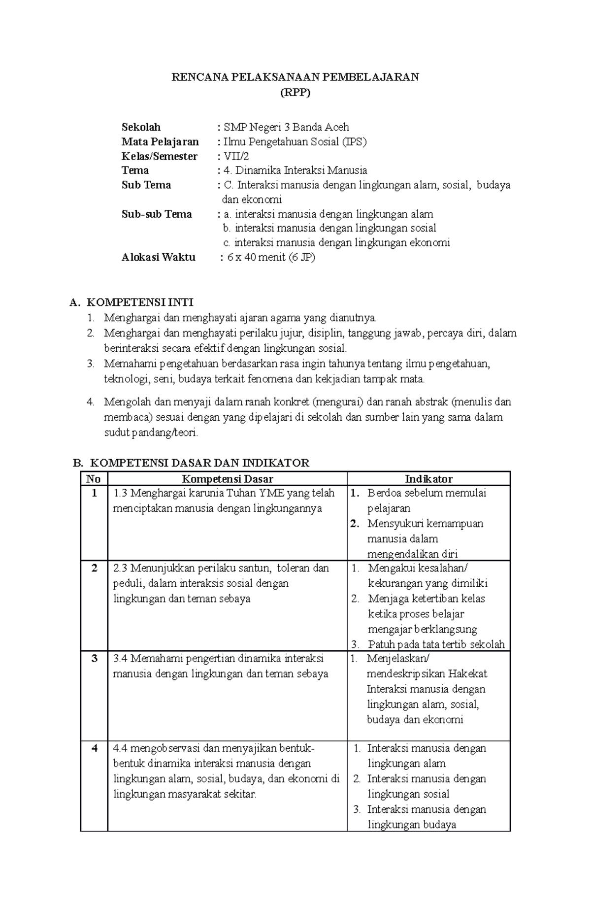 RPP 7 Interaksi Manusia Dengan Lingkungan ALAM, Sosial, Budaya DAN