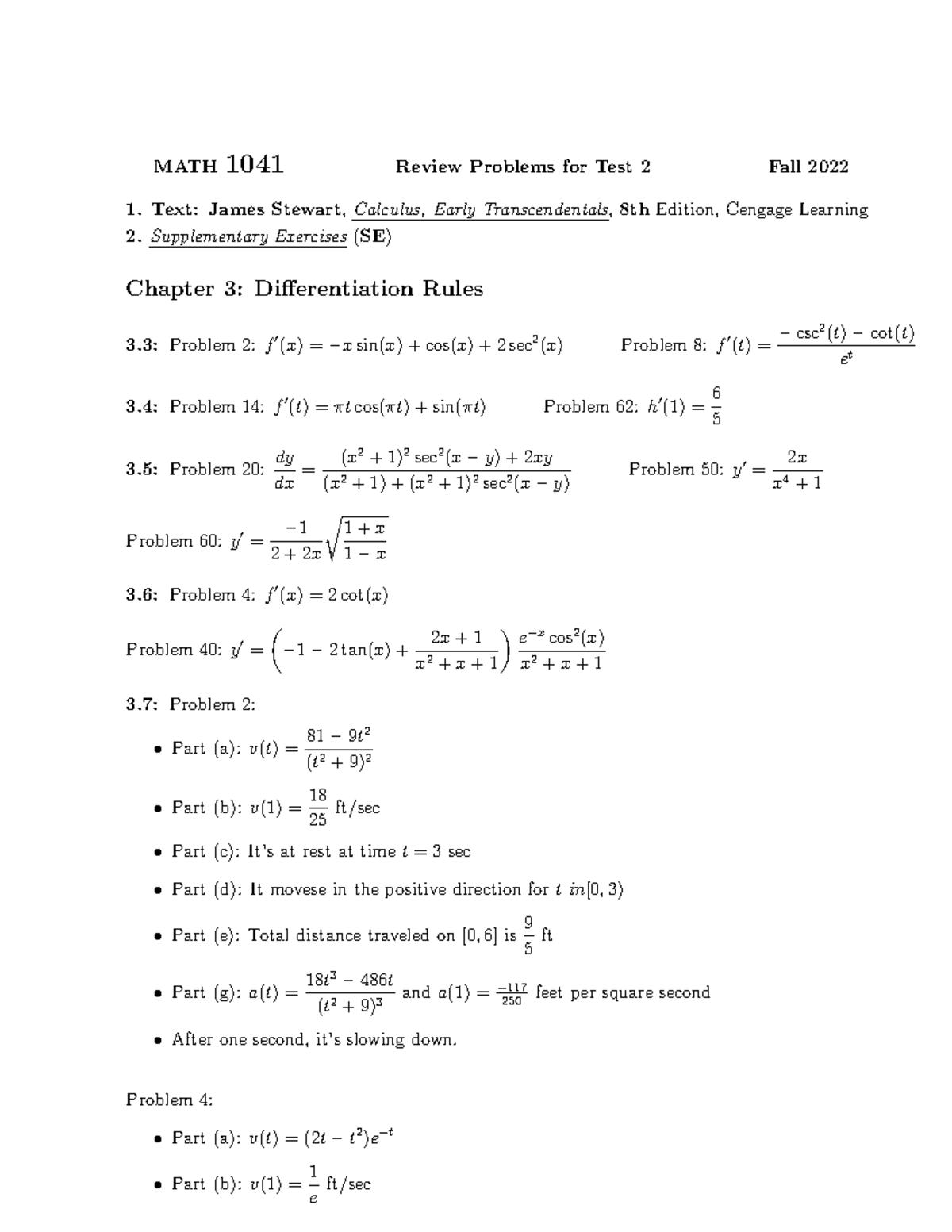 Math 1041 Midterm 2 Review Sheet Fall 2022 Even Answers Math 1041 Review Problems For Test 2 