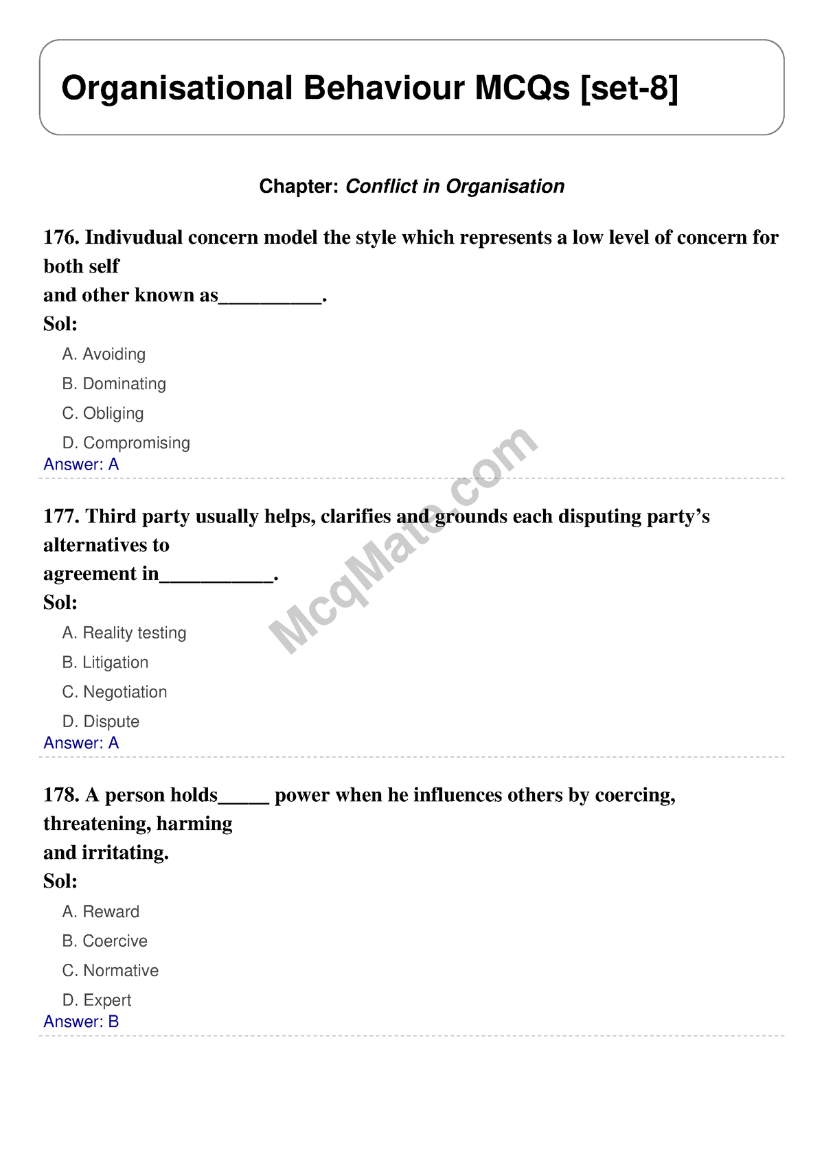 Organisational Behaviour Solved MCQs [set-8] Mcq Mate.com - McqMate ...