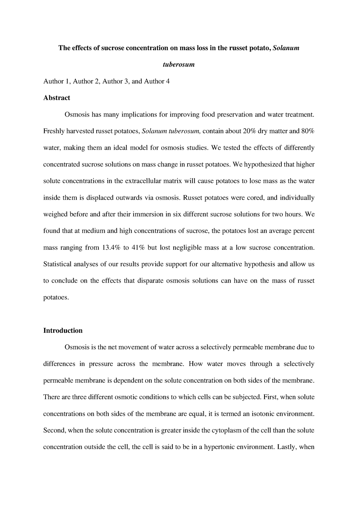 Effects of Sucrose Concentration on Mass Loss in Russet Potatoes - Studocu