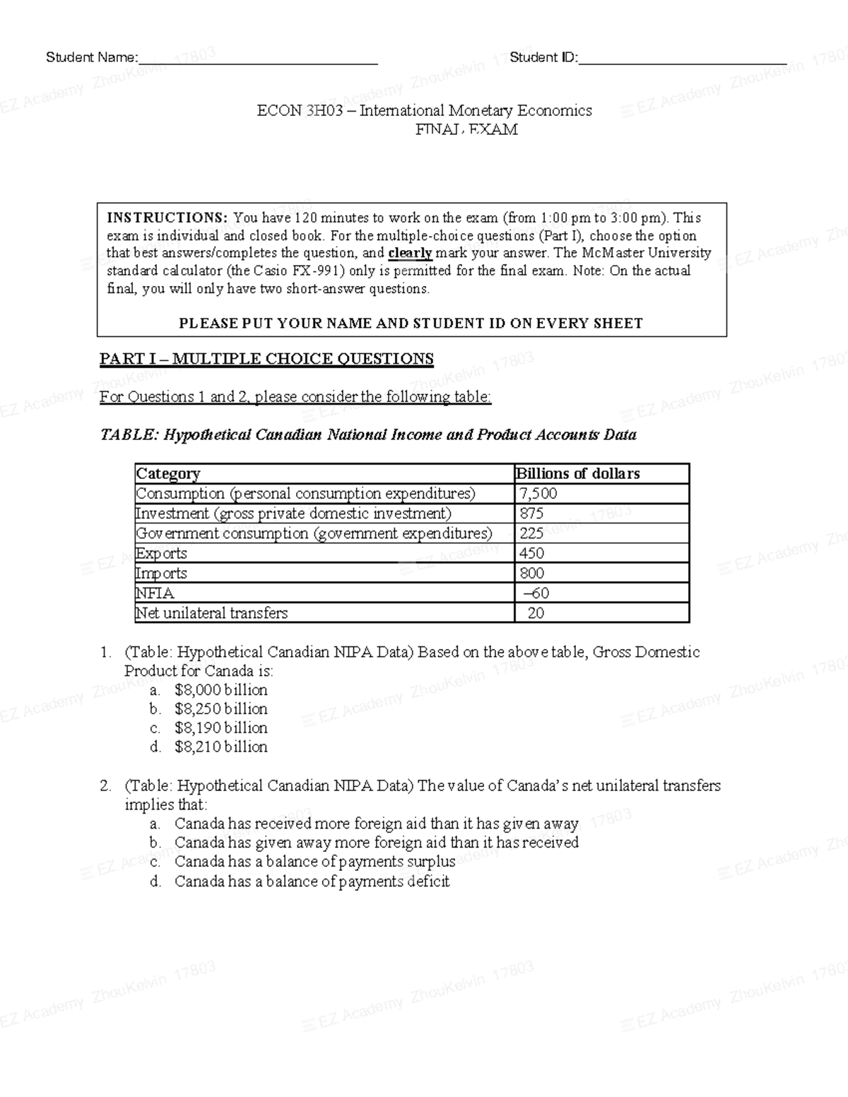 ECON3H03 Practice Final和你们老师的final形式很像，一定不要浪费好题目 - ECON 3H03 ...