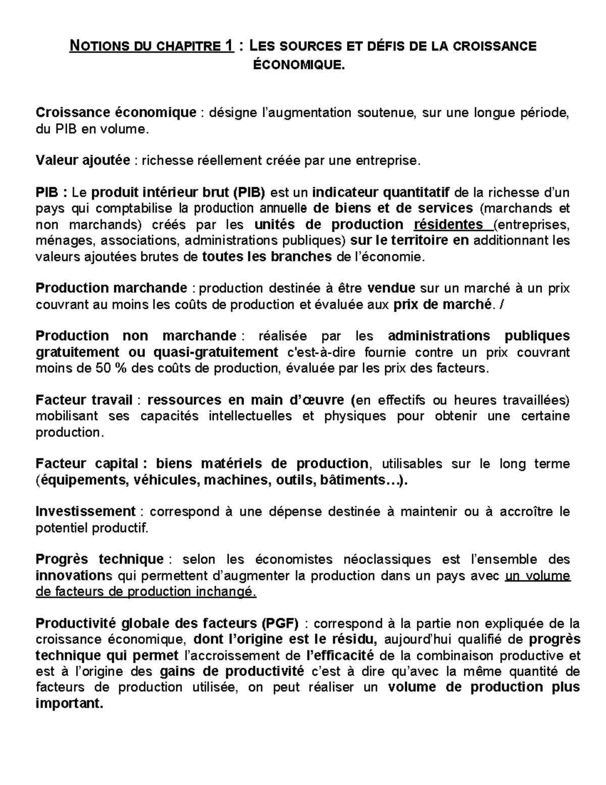Sources et défis de la croissance - NOTIONS DU CHAPITRE 1 : LES SOURCES ...