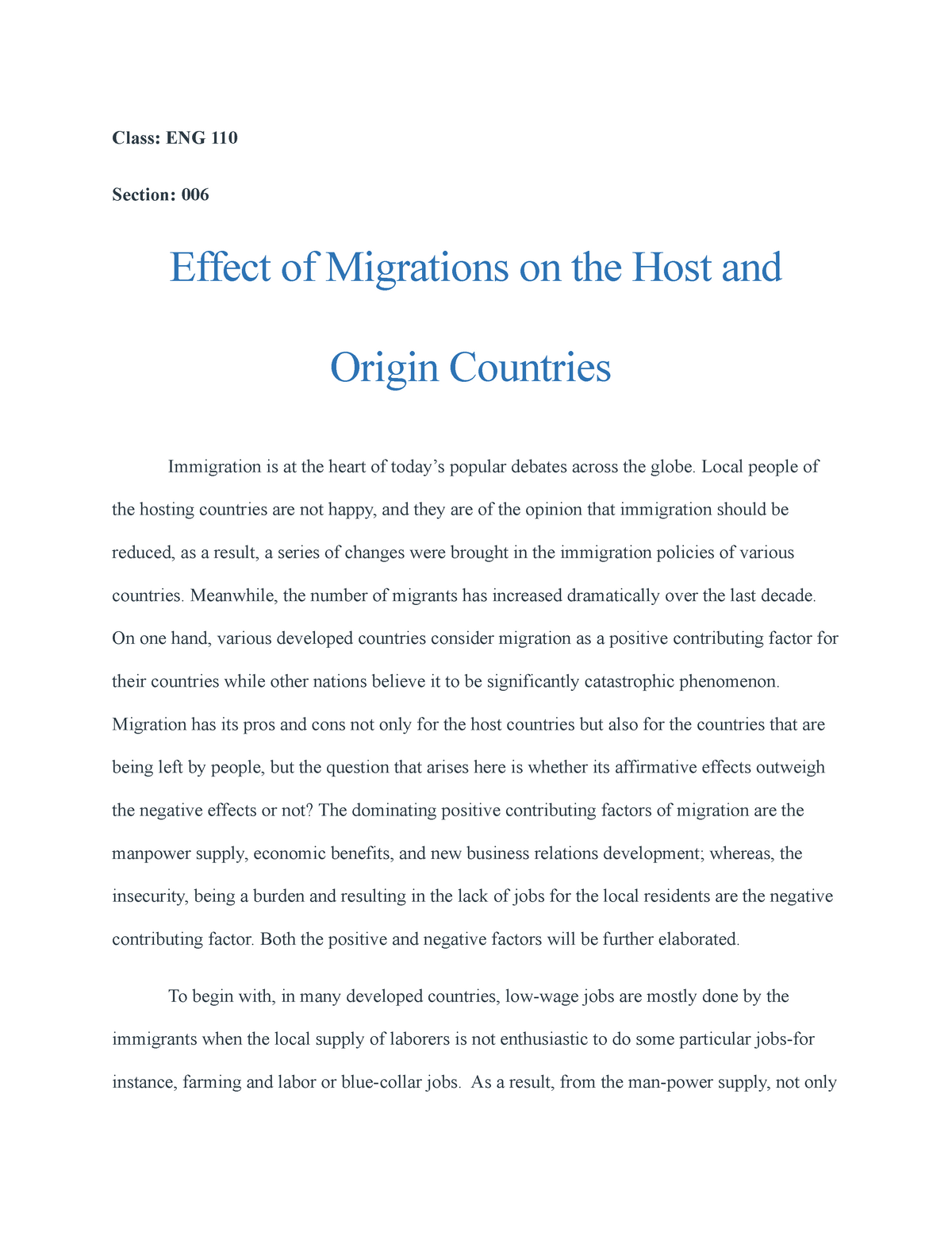 cause and effect of migration essay