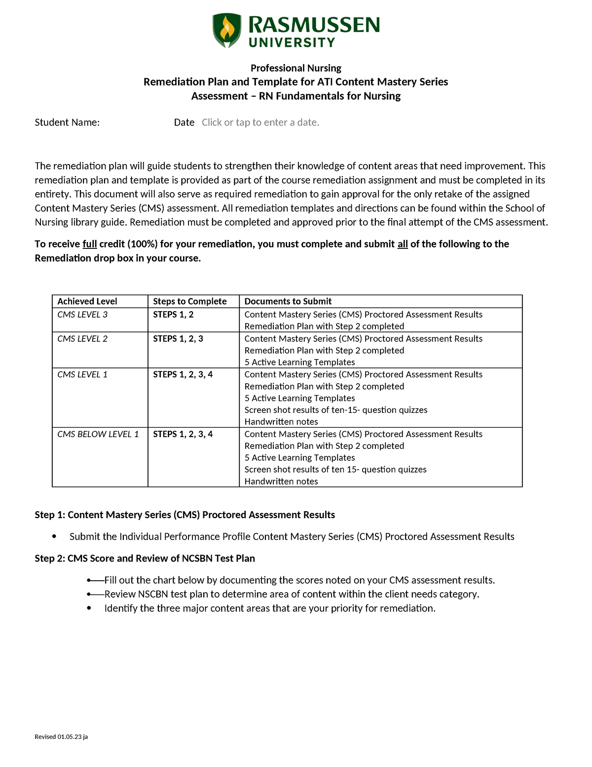 Remediation Template For RN Fundamentals Of Nursing - Professional ...