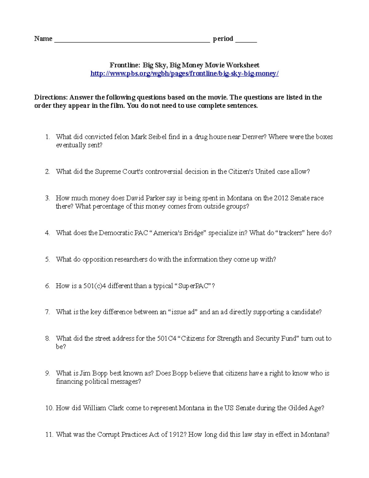 Big Sky Big Money Worksheet Name