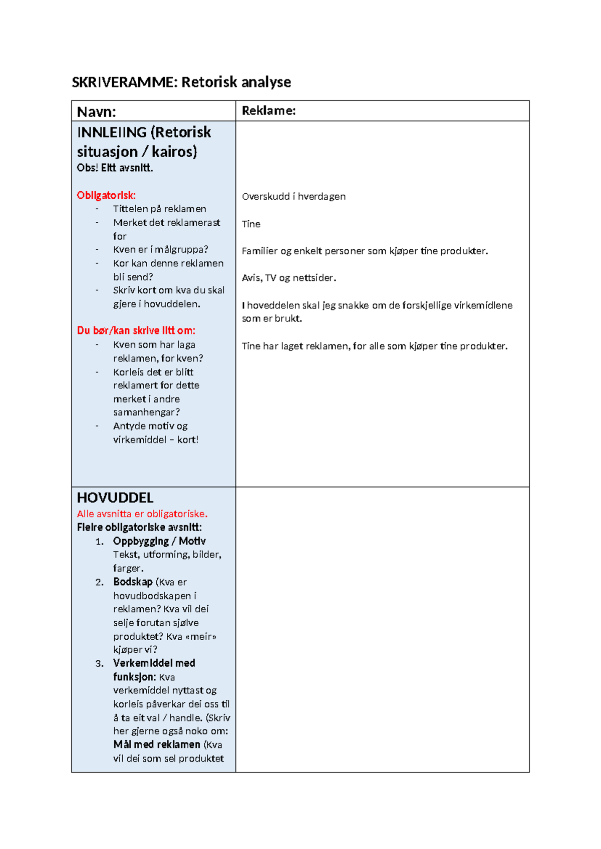 Skriveramme Retorisk Analyse SKRIVERAMME Retorisk Analyse Navn 