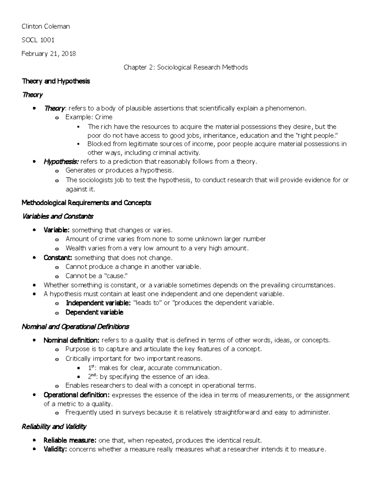 Chapter 2 Notes - Intro To Sociology - Clinton Coleman Socl 1001 