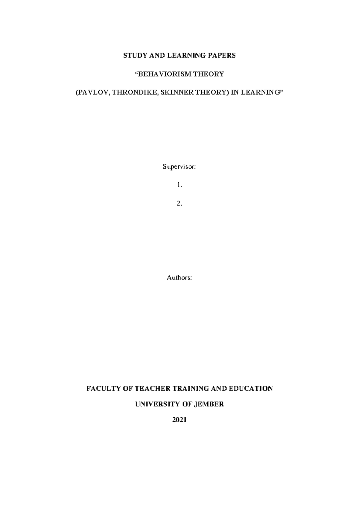 Behaviorisme Theory 1 And 2 STUDY AND LEARNING PAPERS BEHAVIORISM 