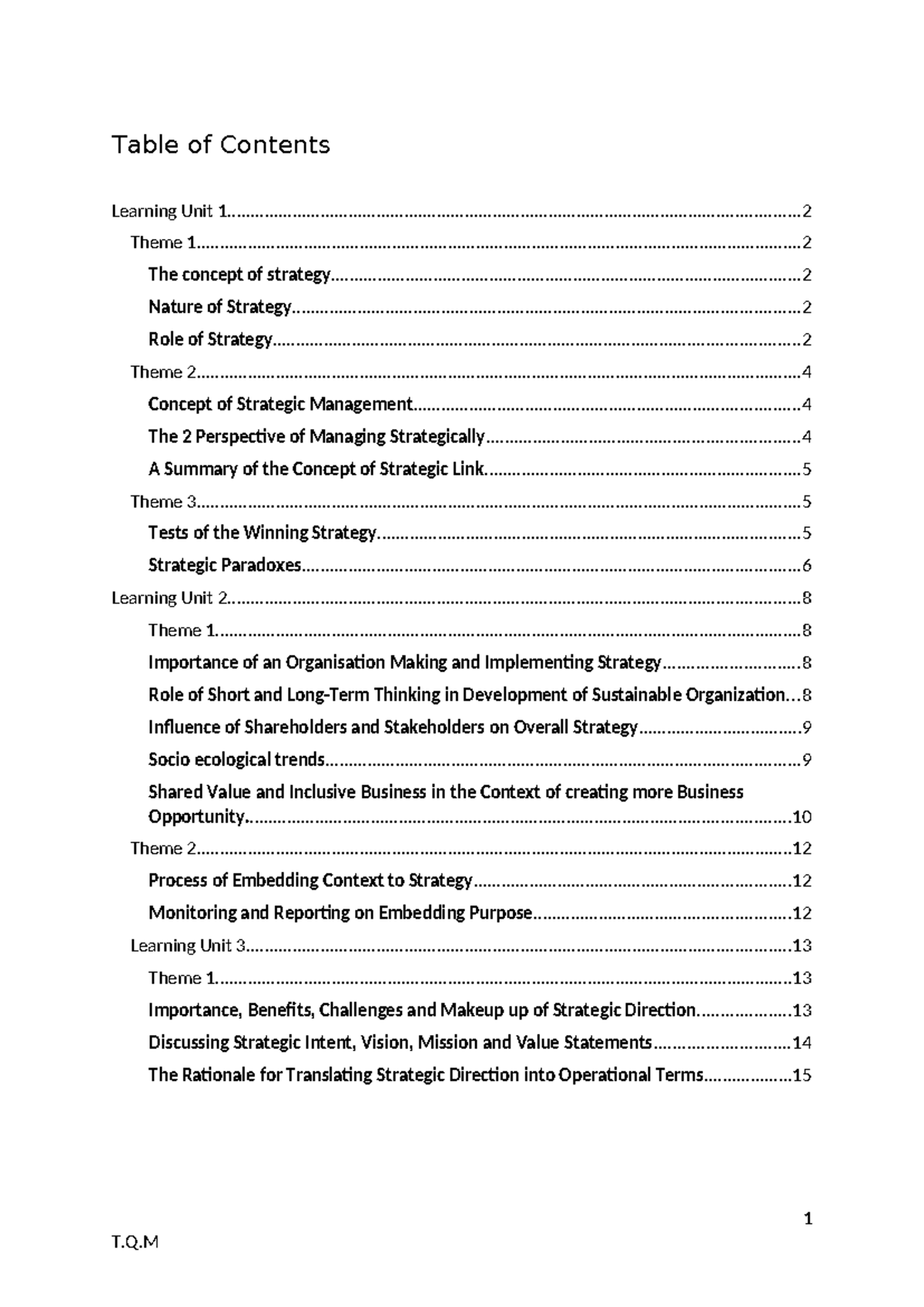 Business Management Learning Unit 1-3 Test 1 Notes - Table of Contents ...