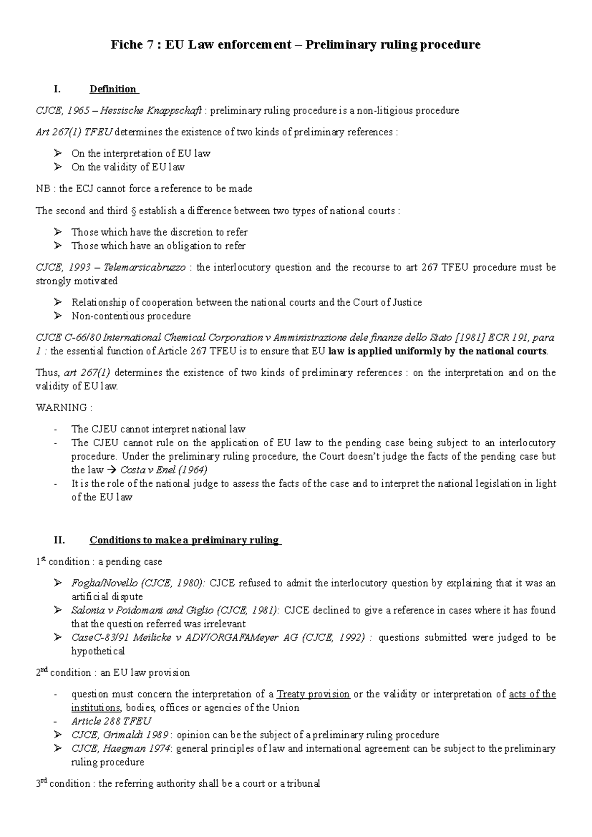 Fiche - Preliminary ruling procedure - Fiche 7 : EU Law enforcement ...