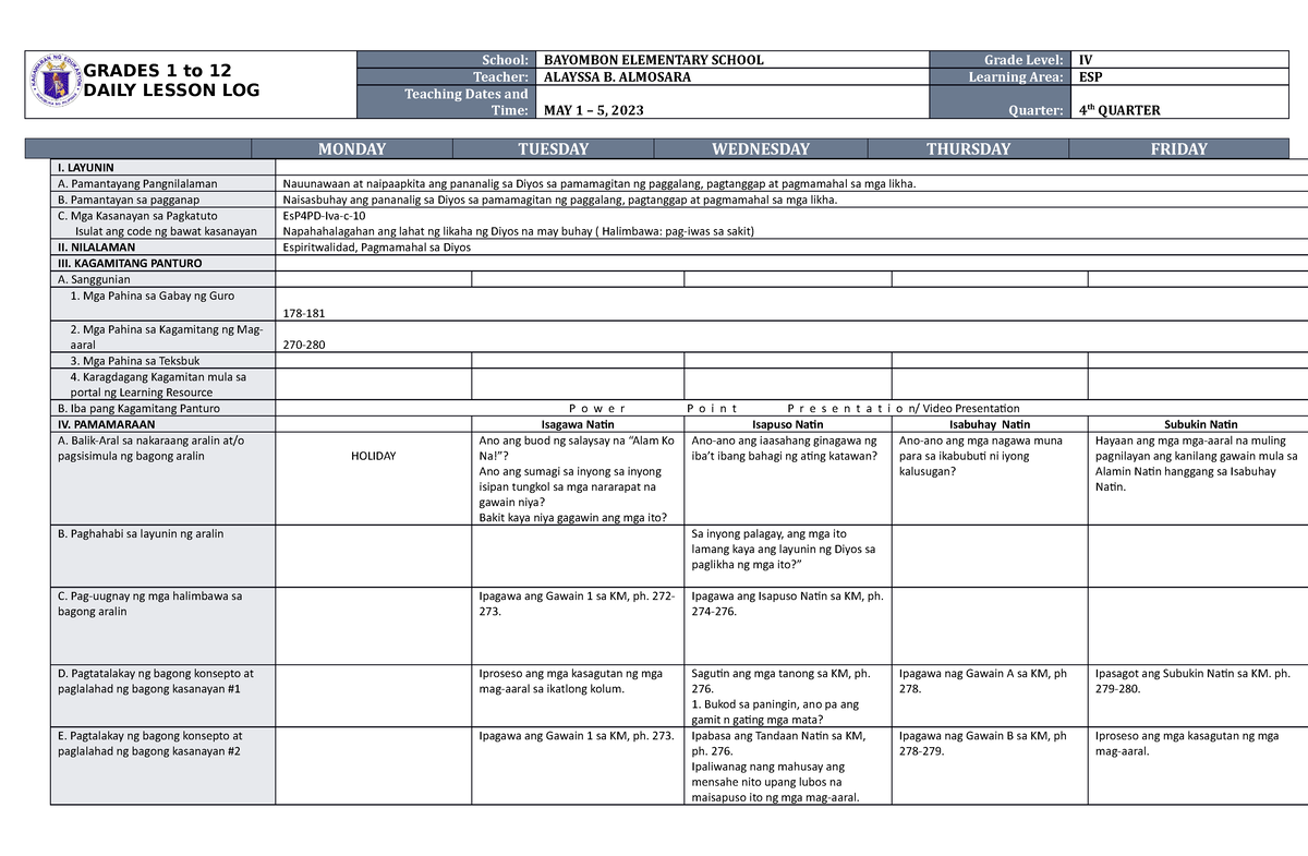 DLL ESP 4 Q4 W1 - TNX - GRADES 1 To 12 DAILY LESSON LOG School ...