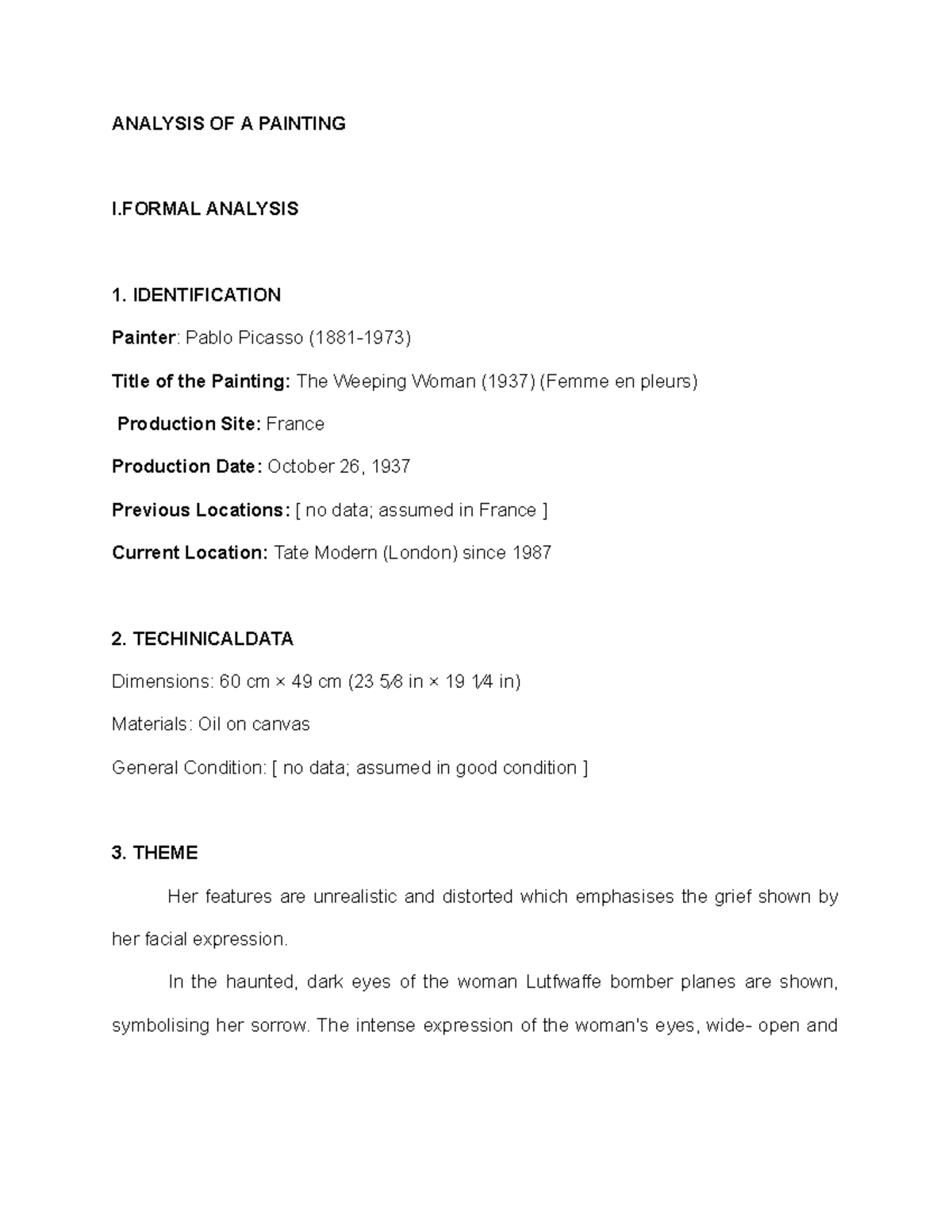 Analysis of Painting The Weeping Woman 1937 Femme en pleurs ANALYSIS