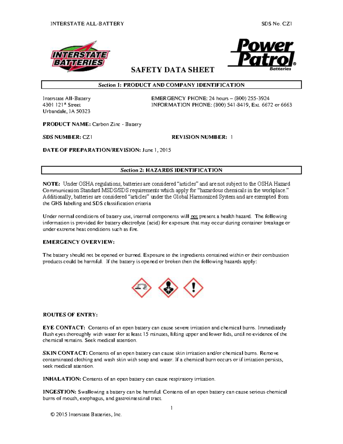 SDS Carbon ZINC for the Interstate AllBattery Center Revision 1 1 SAFETY DATA SHEET