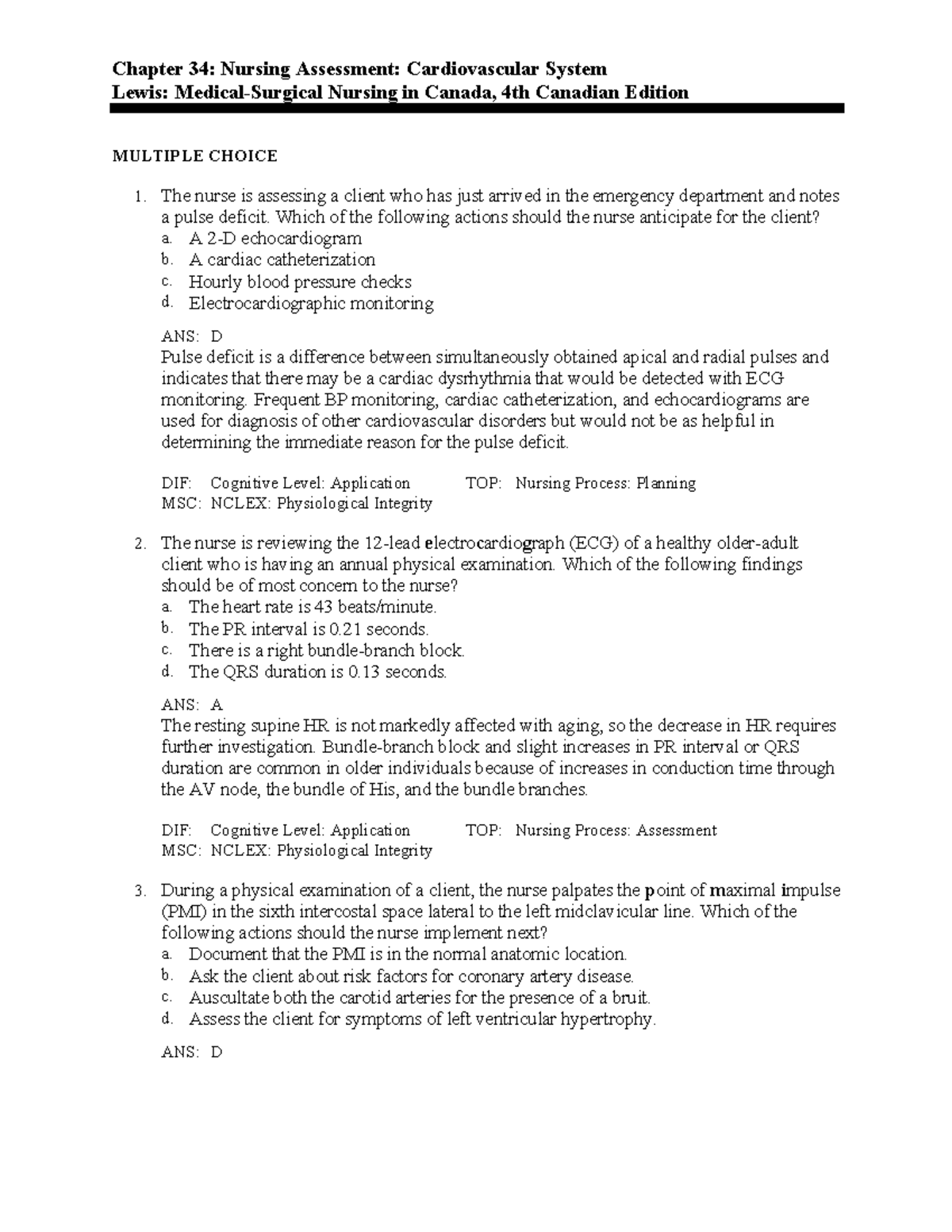Medsurg chapter 34 Chapter 34 Nursing Assessment Cardiovascular System Lewis Medical