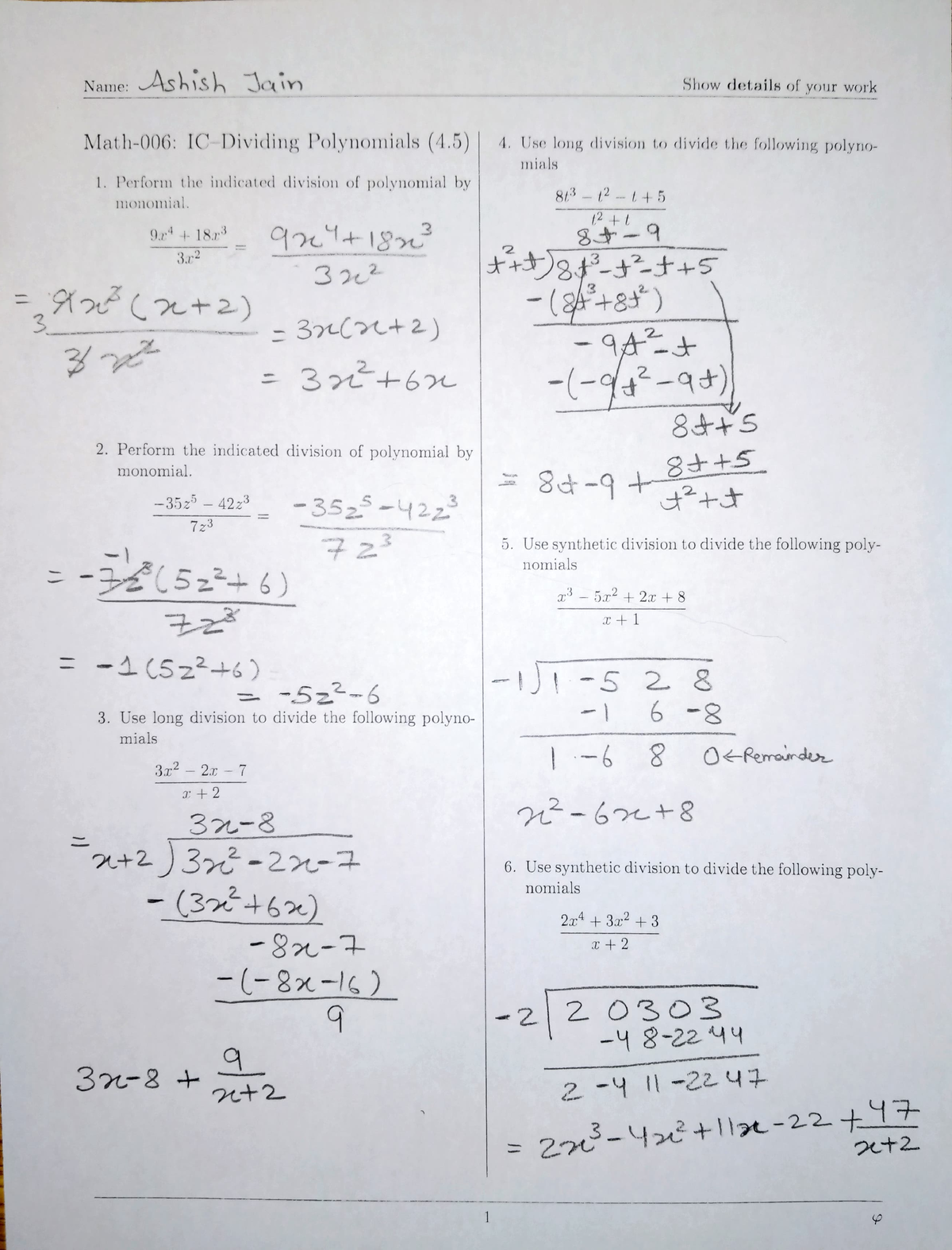 In Class Assignment And Homework. - Name:me: Ashish Jain Show Details 