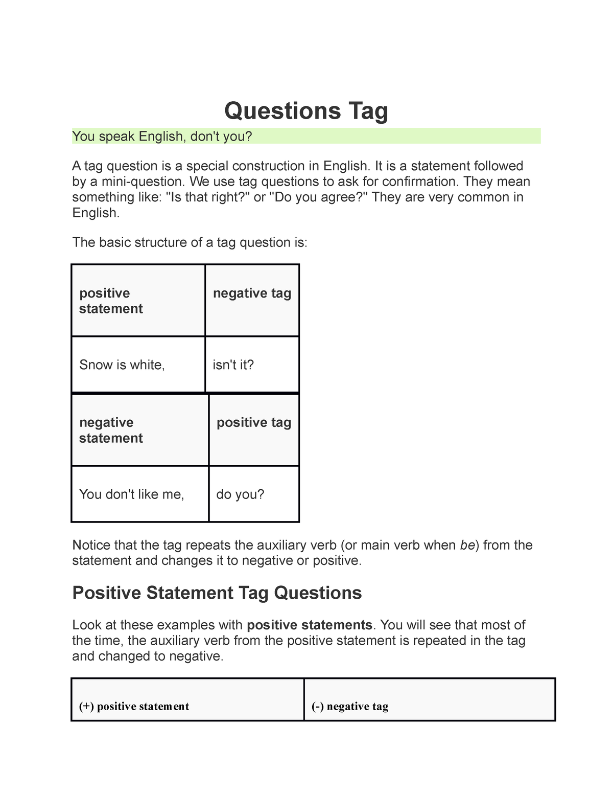 Questions TAG Lengkap - Soal - Questions Tag You Speak English, Don't ...