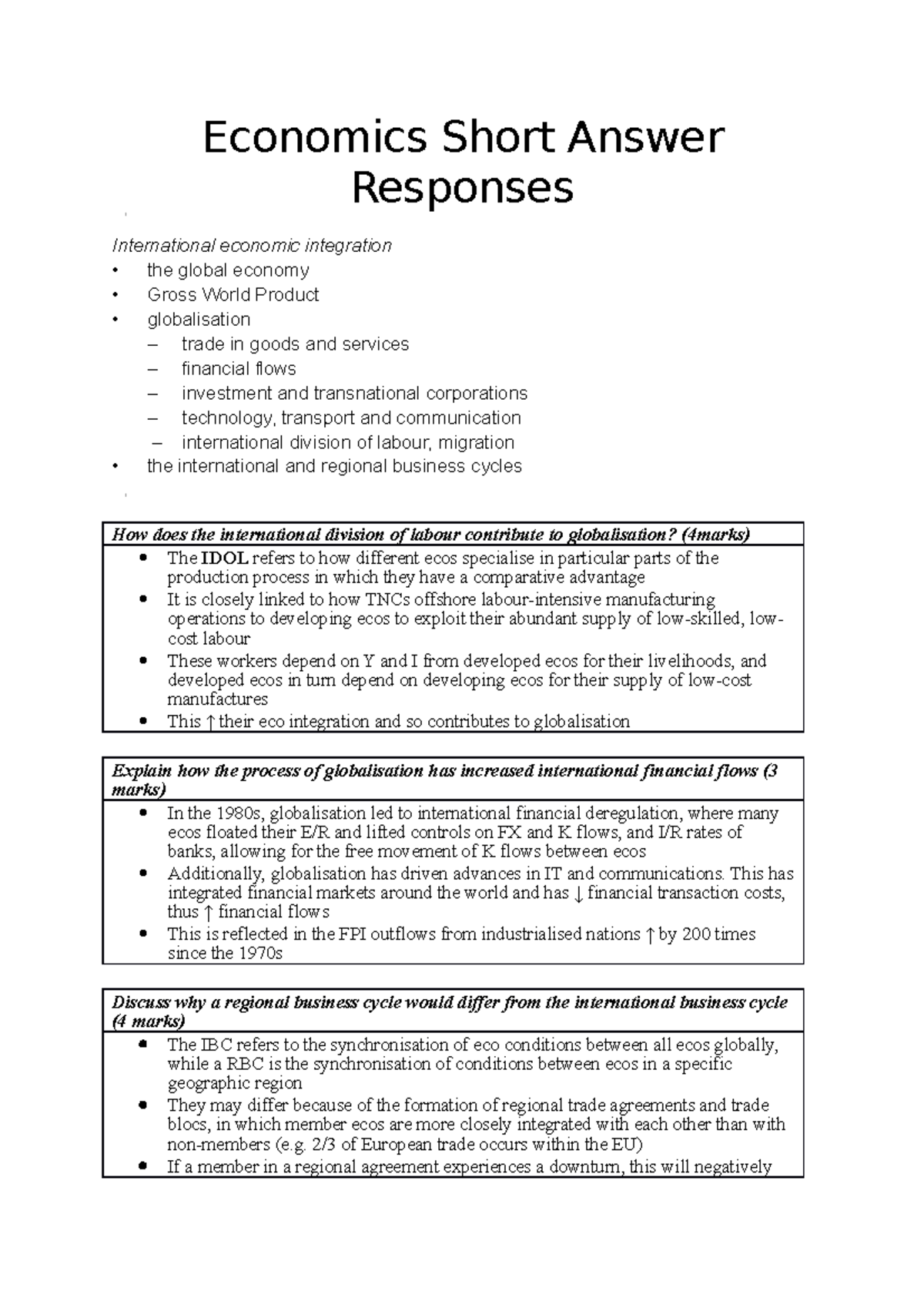 COMM1110 practice materials 8 - Economics Short Answer Responses ...
