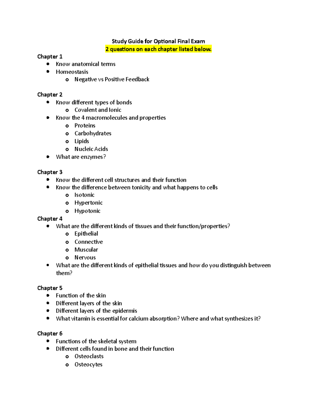 Study Guide for Optional Final Exam - Chapter 1 Know anatomical terms ...