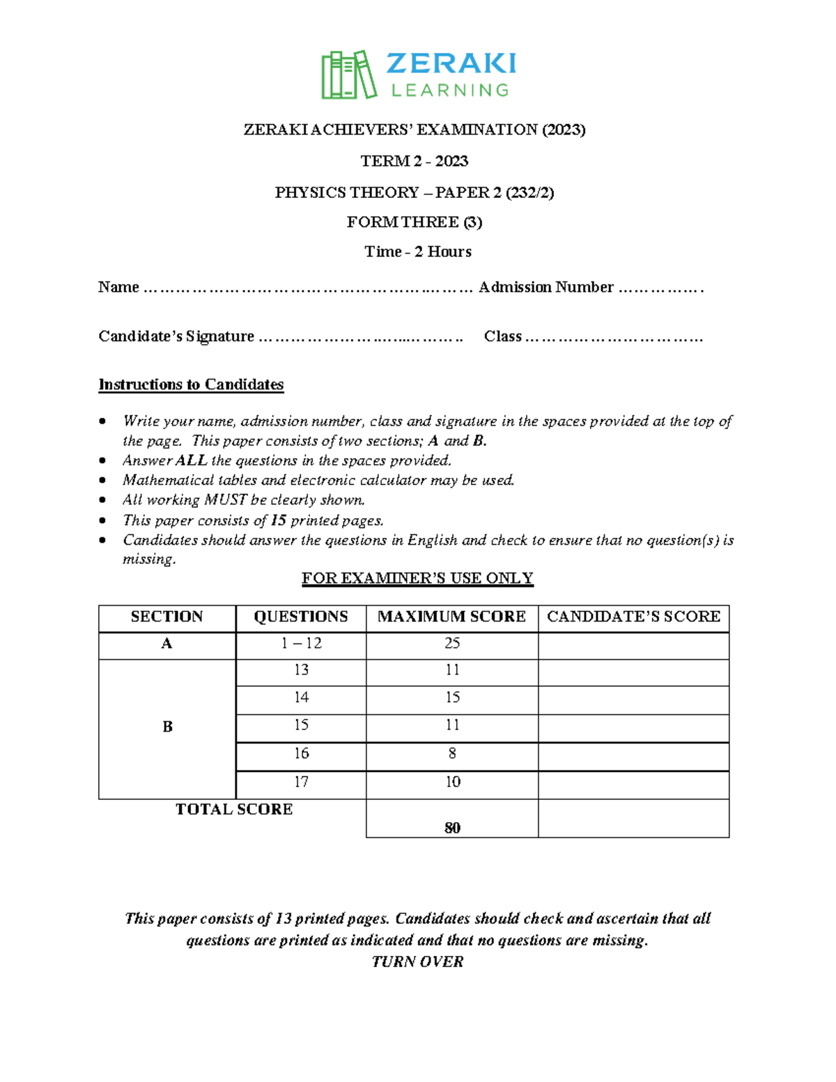 Physics Paper 2 - Question paper - ZERAKI ACHIEVERS’ EXAMINATION ( 2023 ...